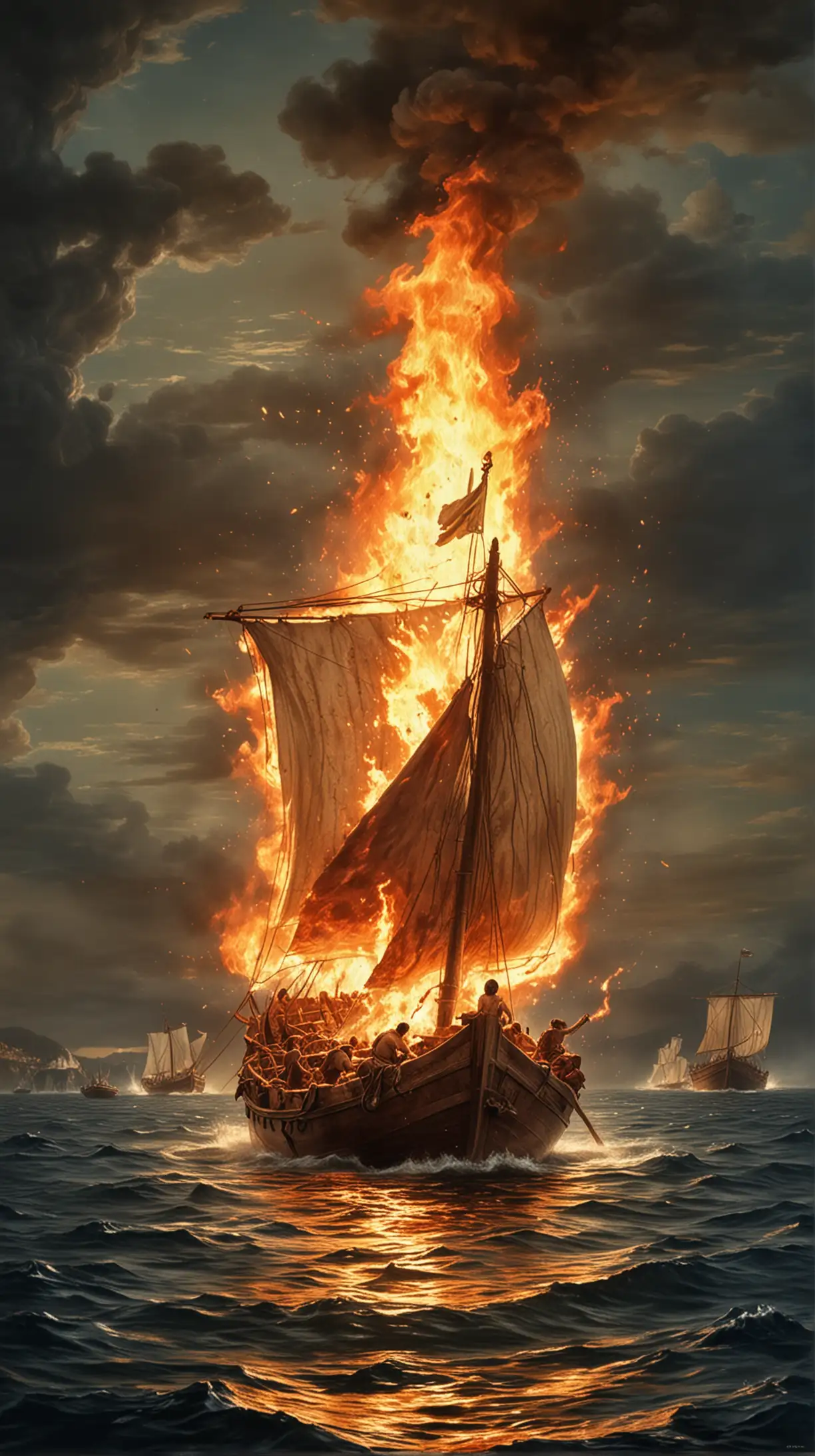 Fiery Greek Ship Sailing on Mysterious Waters