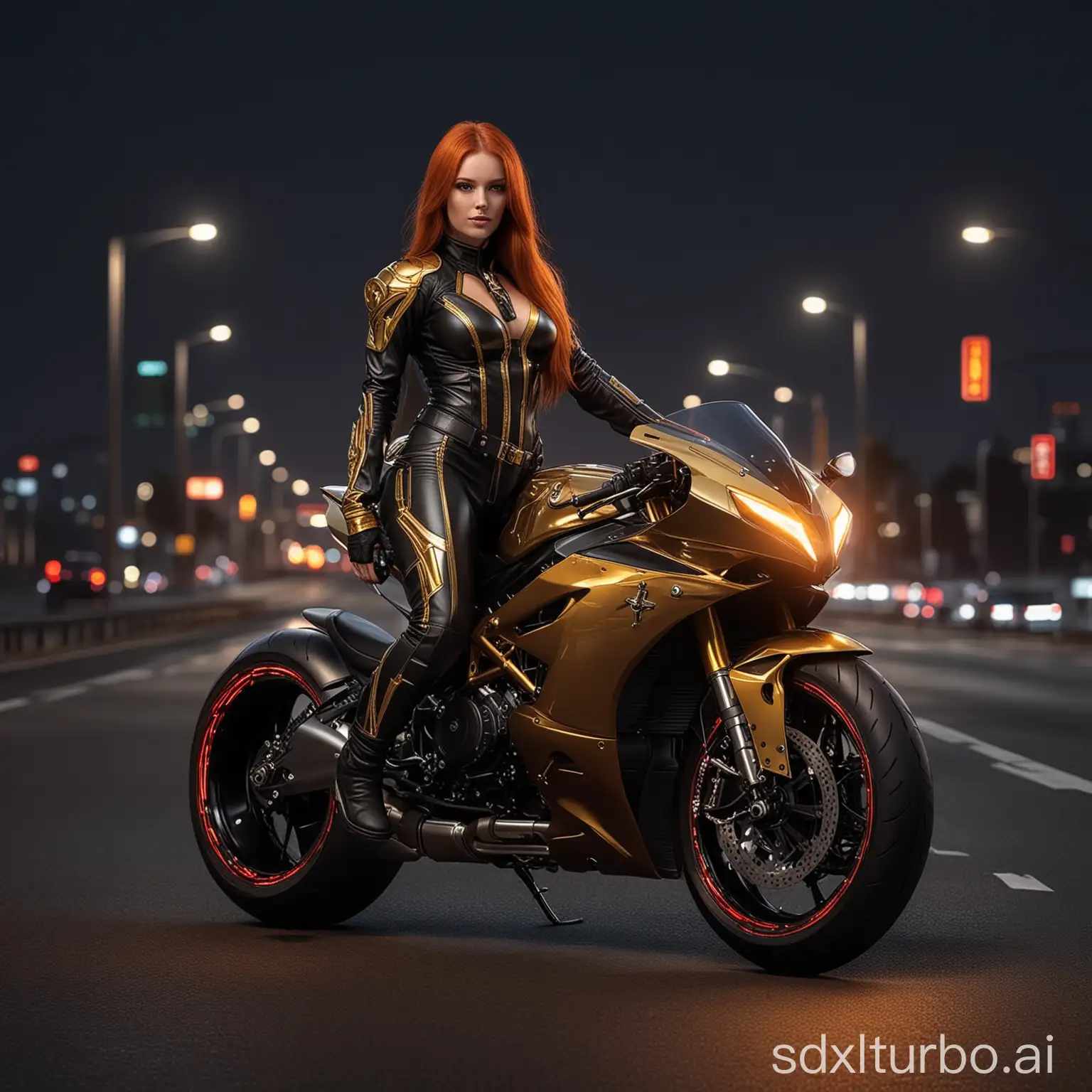 realistic full body image of a beautiful woman with long red straight hair wearing a black gold cross chin,with a luminous rider suits outfit, riding a beautiful neon luminous glowing big motorcyle in a dark highways