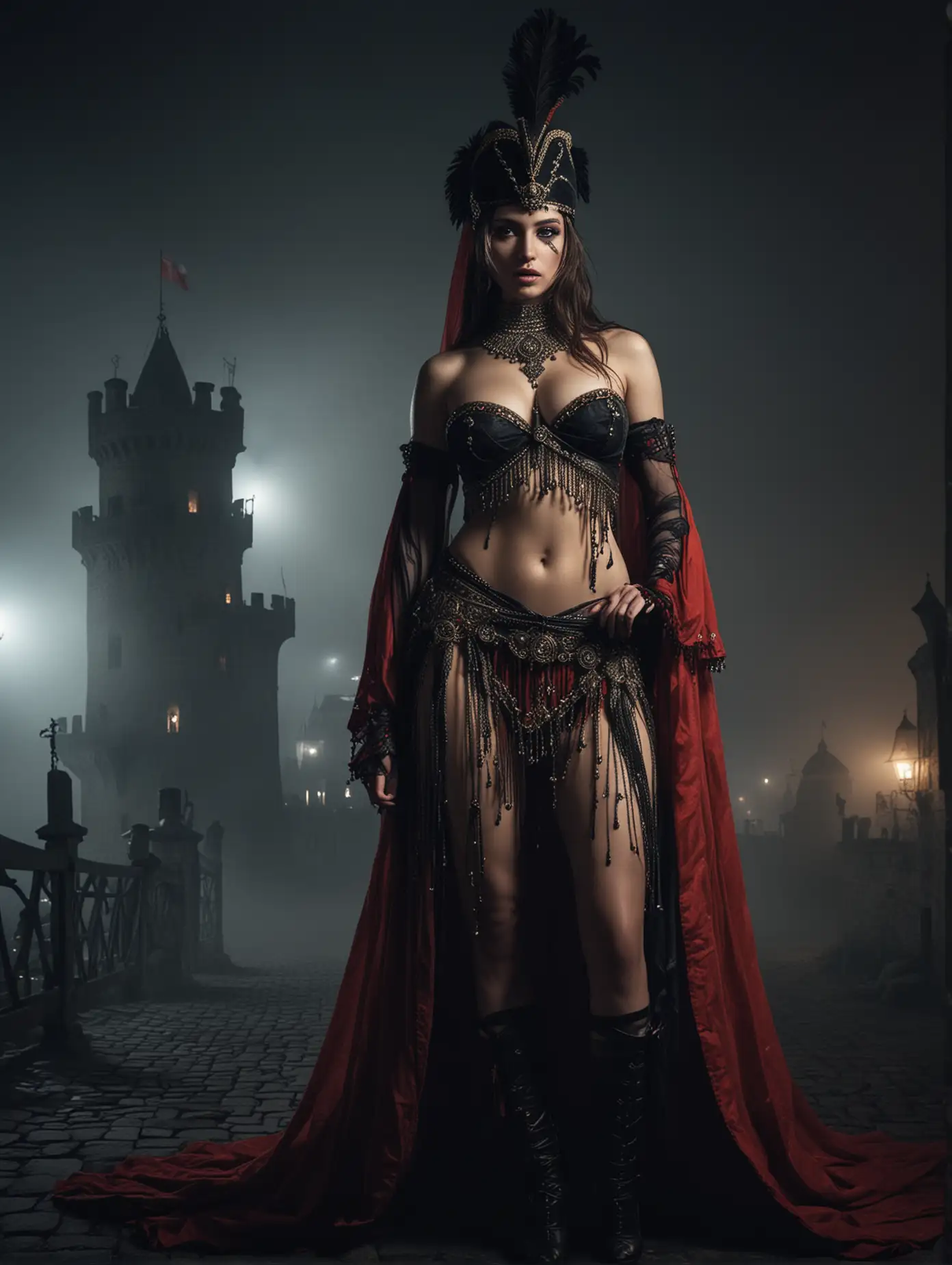 An epic scene in 17th century featuring a young Polish hussar at duty seduced by very beautiful veiled topless belly dancer, guard tower of a fortress, dark night, ghostly atmosphere, fog, close cinematic view.