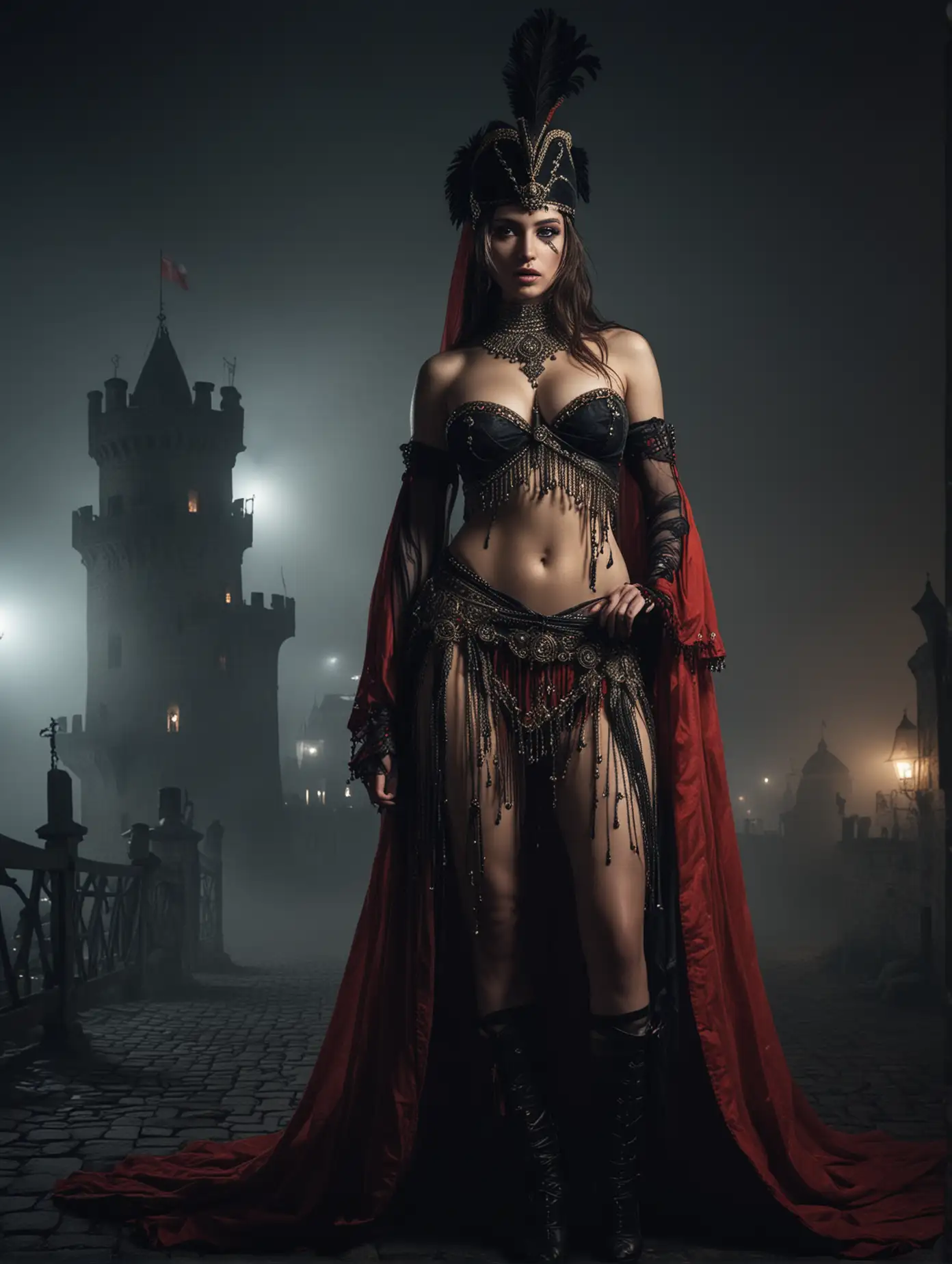 An epic scene in 17th century featuring a young polish hussar at duty seduced by very beautiful veiled topless belly dancer, guard tower of a fortress, dark night, ghostly atmosphere, fog, close cinematic view.