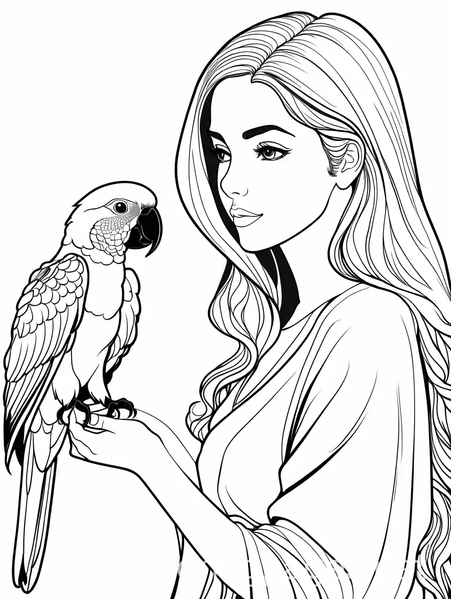Create a simple yet realistic and beautiful image of a girl that has a parrot on her hand and she is looking at it lovingly, Coloring Page, black and white, line art, white background, Simplicity, Ample White Space.