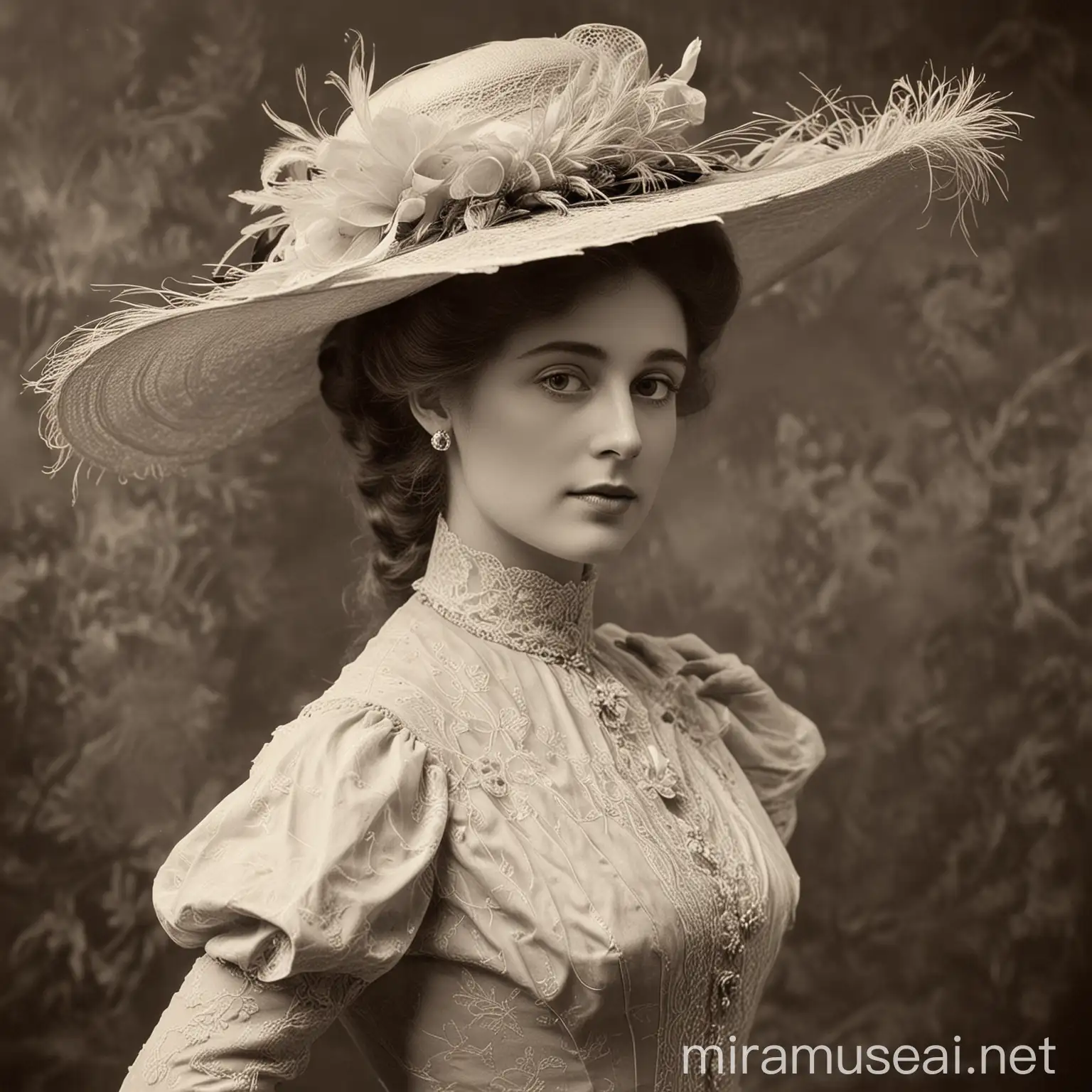 Elegant Edwardian Woman in Vintage HighNecked Dress and Large Hat