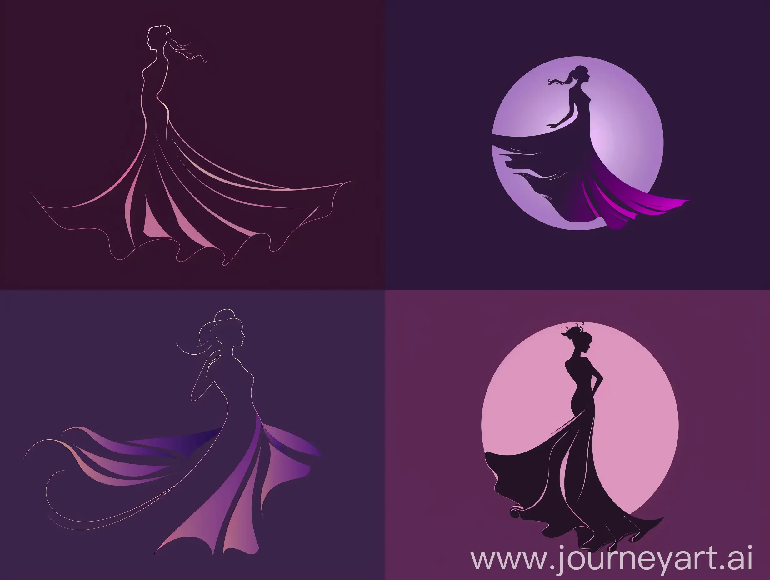 горизонтальный логотип для магазина премиальной женской одежды, силуэт женщины в платье, фиолетовые тона
