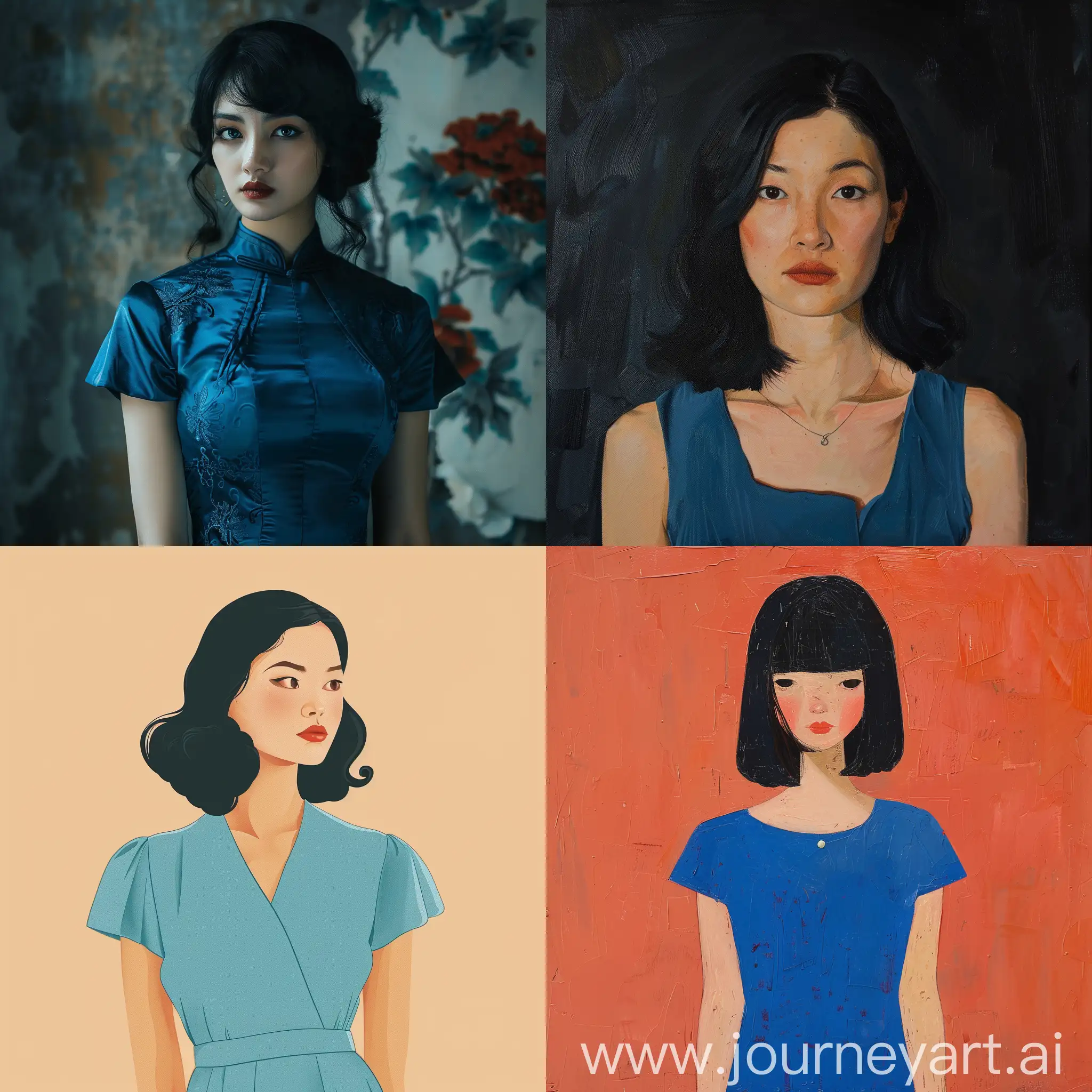 Elegant-Woman-with-Black-Hair-in-Blue-Dress-AI-Generated-Image