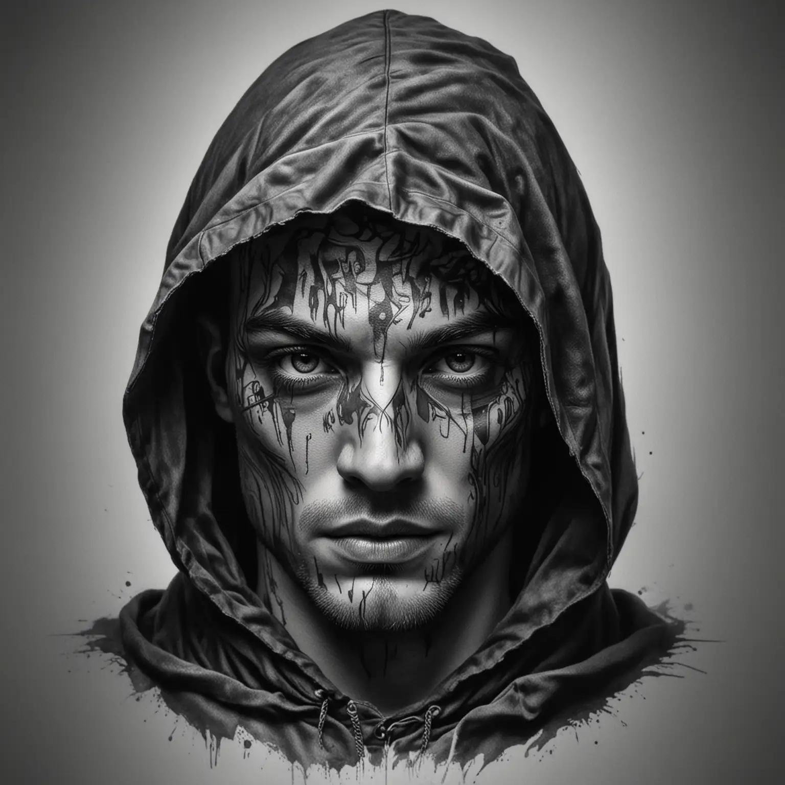 black and grey tattoo design of male face wearing hooded cloak, face is half shrouded in darkness, in black and white on white background