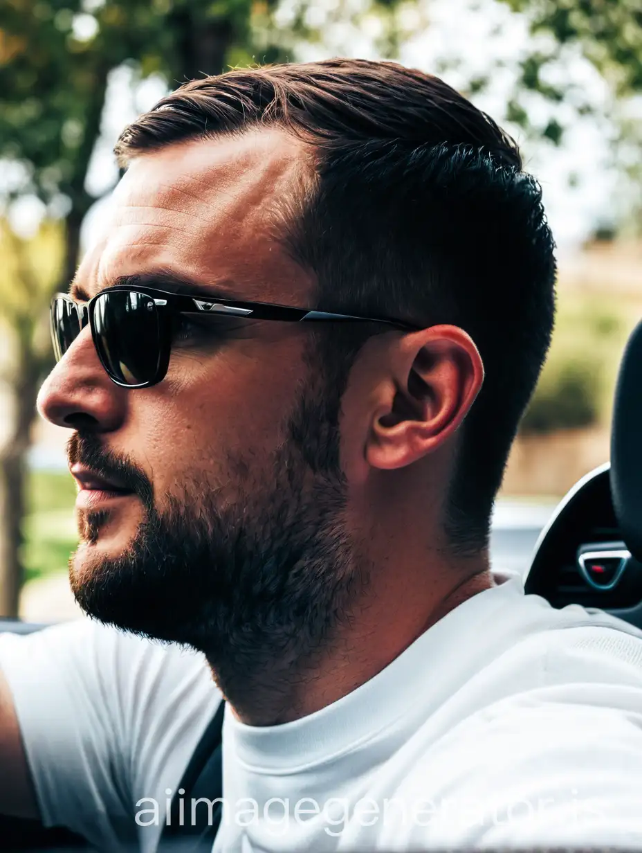  Beautiful elegant young Irish businessman, 31 years old, with a very short haircut. He looks directly at the camera while driving a BMW sport car. The car is full size on picture and he is wearing a red t-shirt.