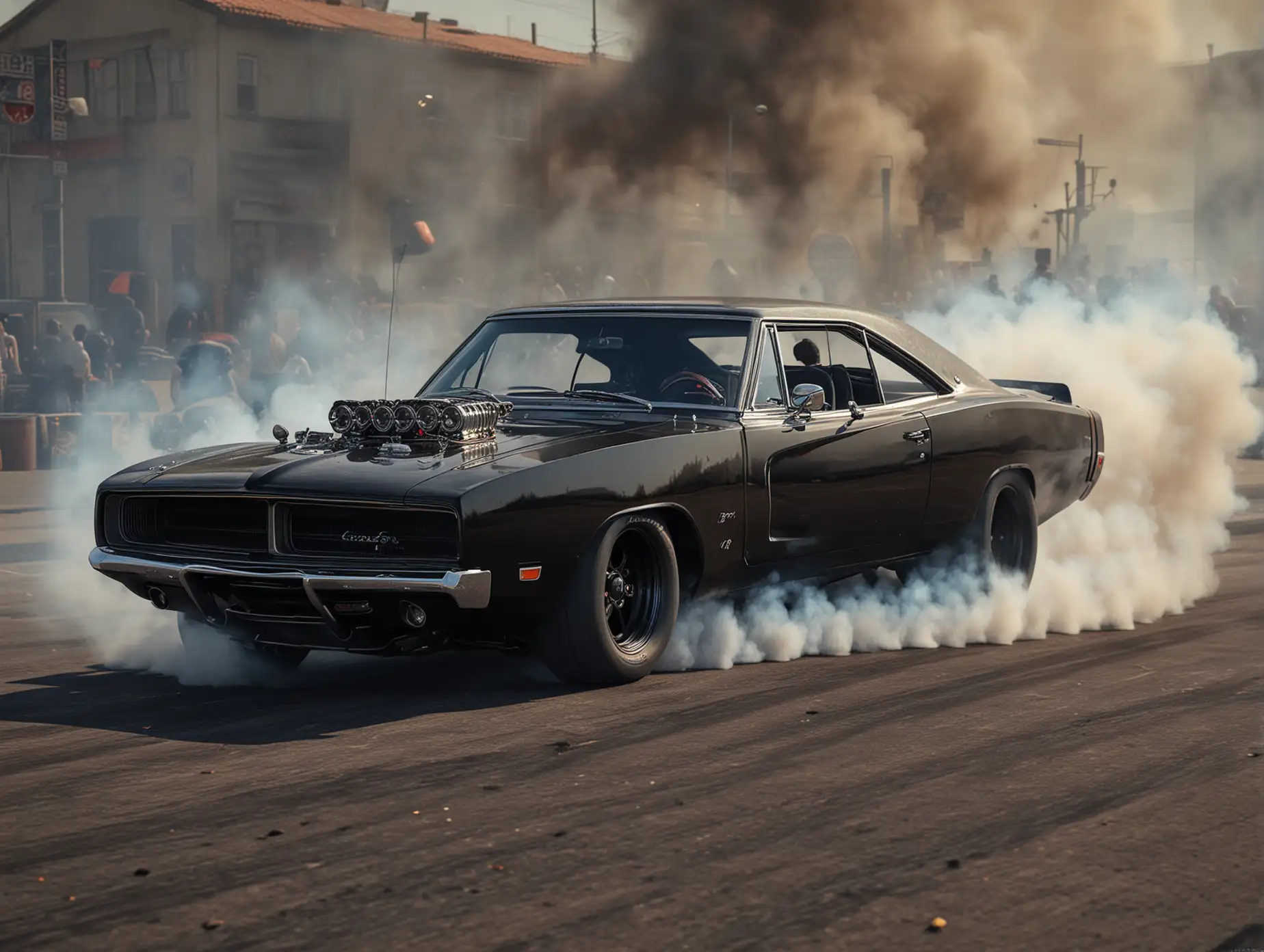 A black 69 Dodge charger hot rod, doing a burnout, very high definition very high, Rez photo realistic
