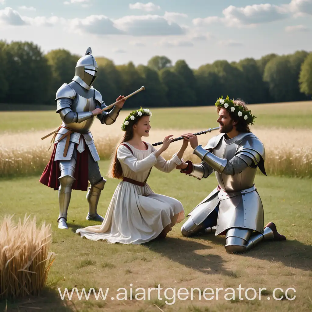 Medieval-Knight-Dancing-Girl-and-Flute-Player-in-Open-Field