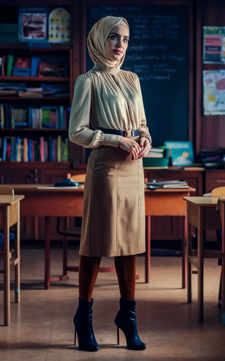 Hijabi turkish beautiful woman, teacher, knee below skirt, blouse, rear view, small height, black heeled knee long boots, brown opaque tights, in classroom, 