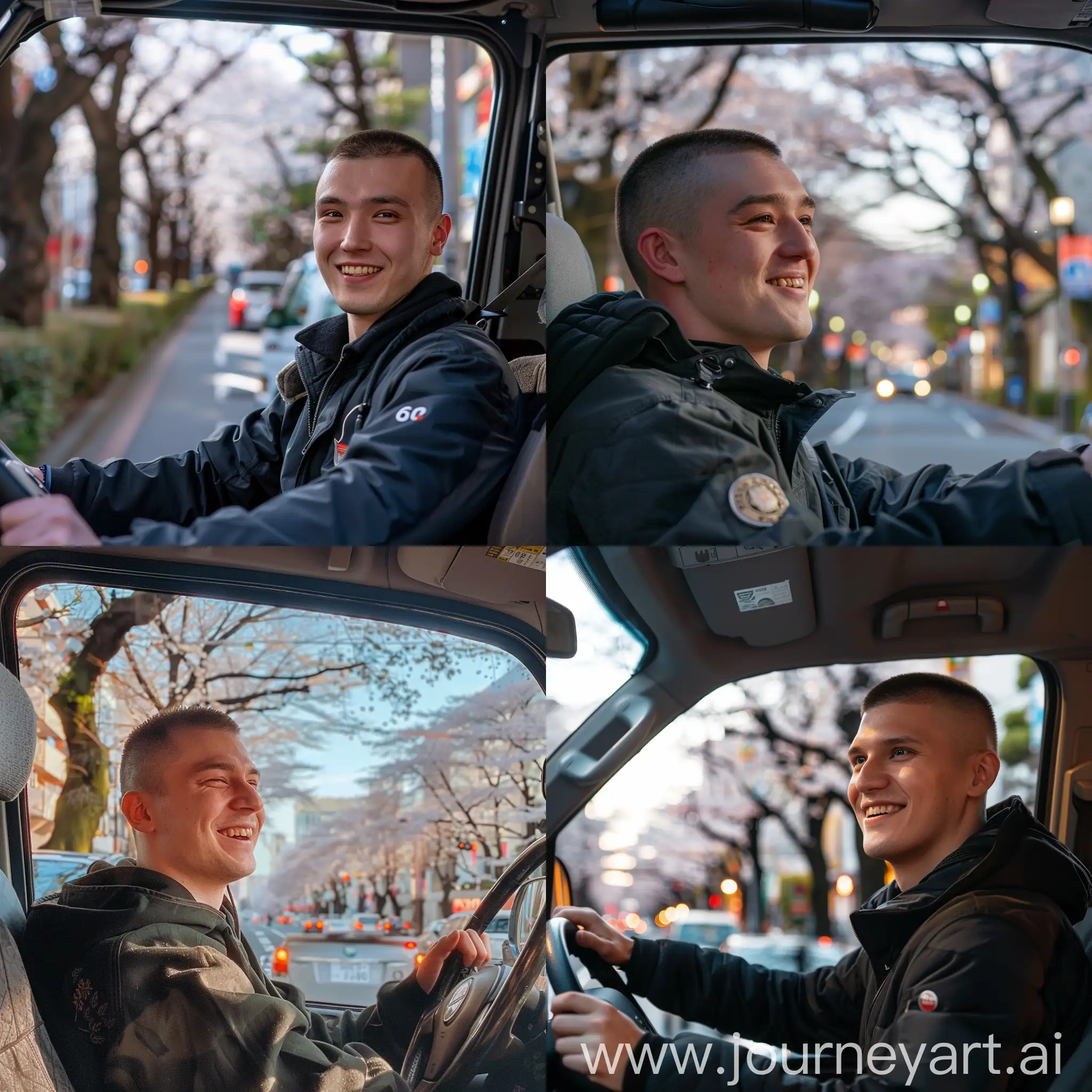Парень двадцати лет славянской внешности с короткой прической улыбается и сидит за рулём на своём авто lifan x 60 и выглядывает в окно. Он катается по токио на красивой улице с деревьями сакуры