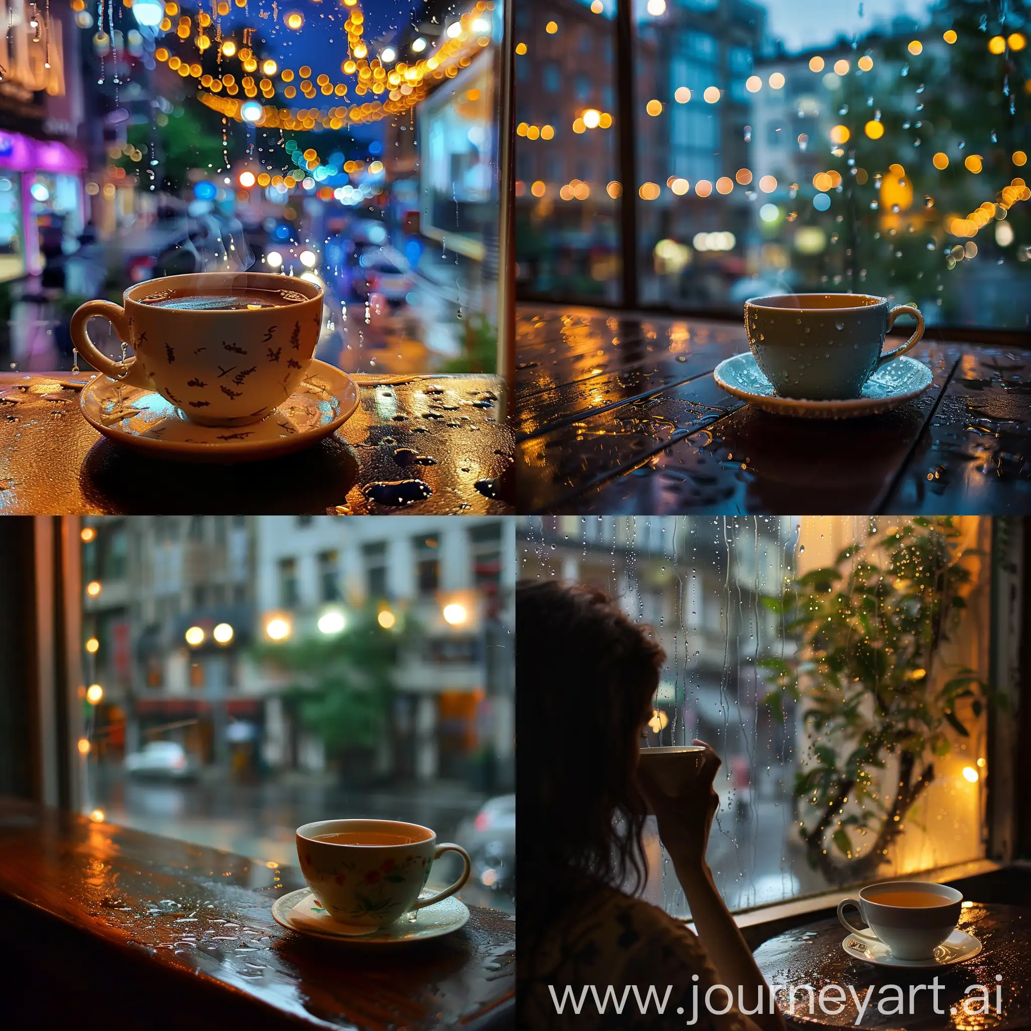 Дождливый летний вечер в городском кафе с чашкой чая