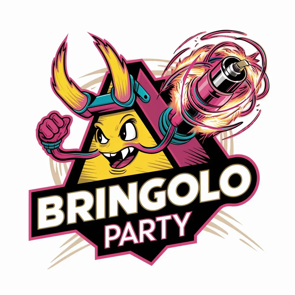 funny logo for the music event called BRINGOLO PARTY, with a triangle with horns and a jack cable, in neon rock n 
 roll mode