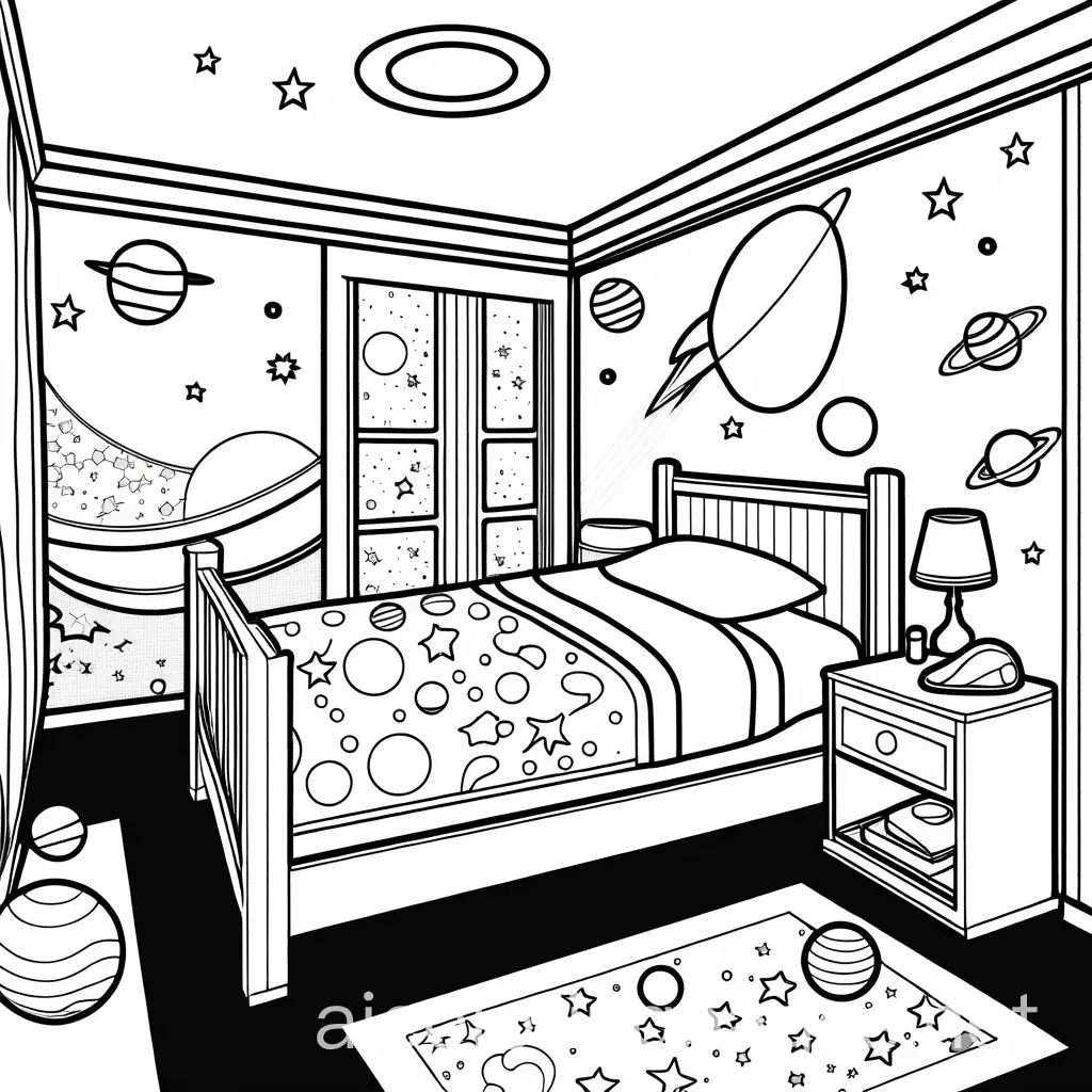outer space bedroom with planets and rockets and moons , Coloring Page, black and white, line art, white background, Simplicity, Ample White Space. The background of the coloring page is plain white to make it easy for young children to color within the lines. The outlines of all the subjects are easy to distinguish, making it simple for kids to color without too much difficulty