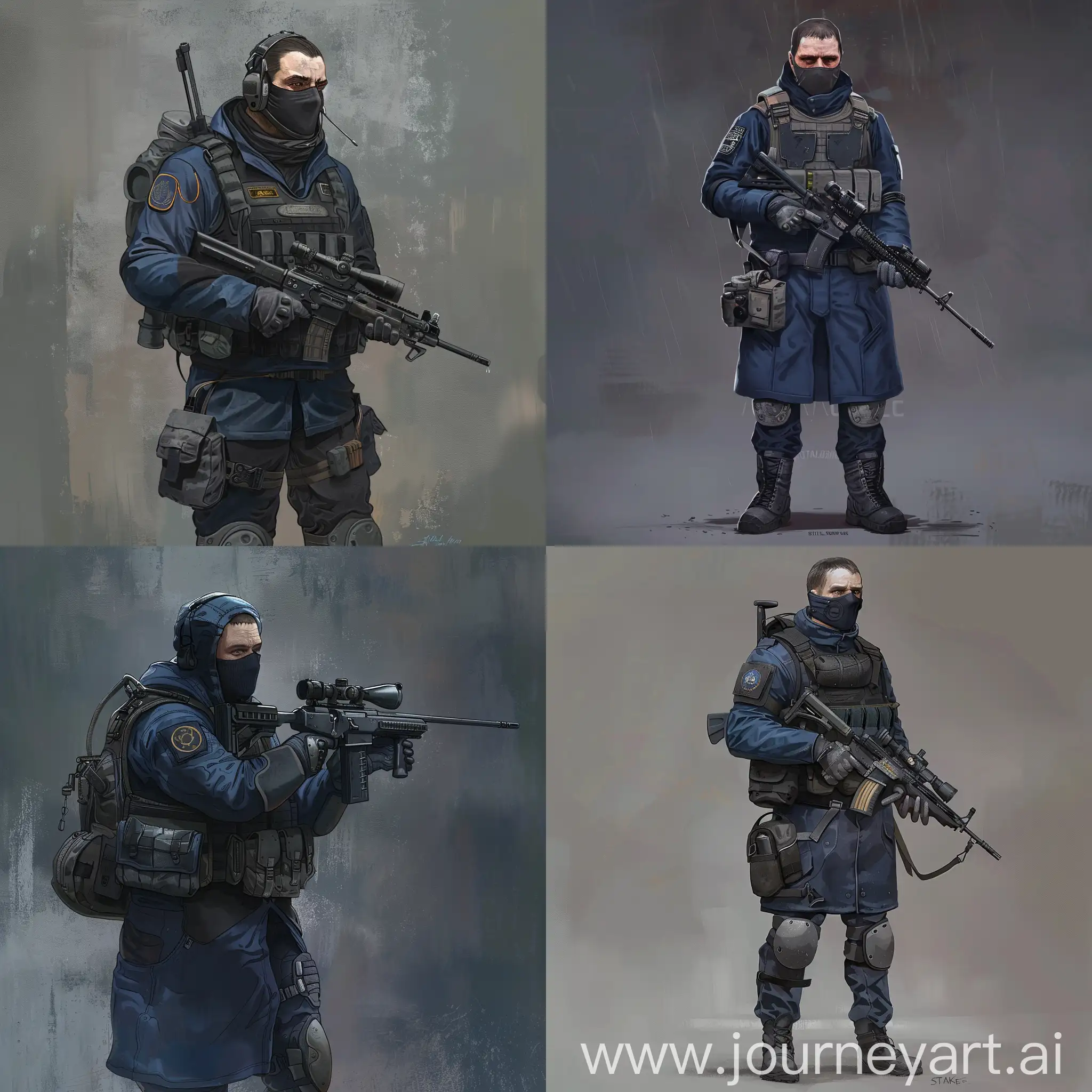 Concept art a mercenary from the universe of S.T.A.L.K.E.R., a mercenary dressed in a dark blue military raincoat, gray military armor on his body, a dark mask on his face, a small military backpack on his back, sniper rifle in his hands.