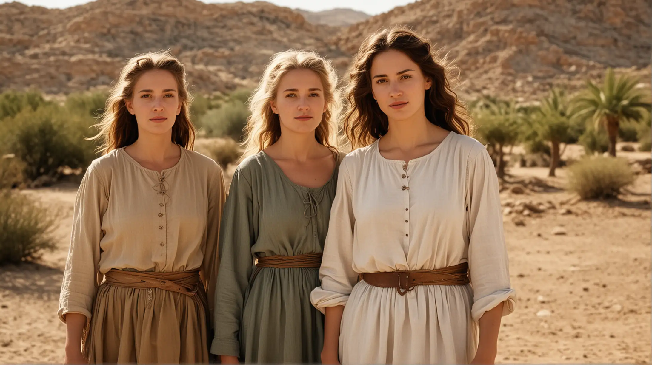 Three Women in Biblical Era Desert Farm Scene
