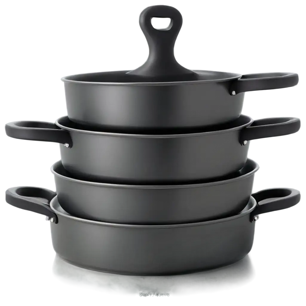 реалистичное изображение стопки сковород, сложенных одна в другую, разных размеров темно серого цвета из материала типа гранита