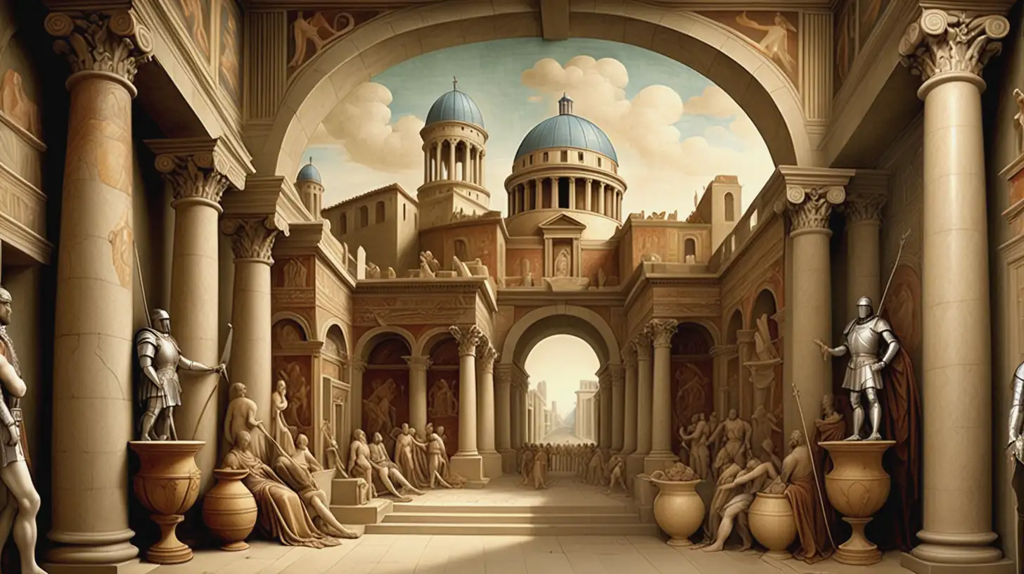 Design a historical background that captures the essence of different epochs and civilizations. The background should be rich in detail and evoke a sense of depth and timelessness. Incorporate elements such as ancient ruins from civilizations like Greece, Rome, or Egypt, depicting architectural marvels like columns, arches, and hieroglyphics. Include elements from medieval times, such as castles, knights' armor, and tapestries. Integrate symbols of Renaissance art and science, such as Leonardo da Vinci's sketches or Michelangelo's sculptures. Blend these elements seamlessly into a cohesive backdrop that symbolizes the continuous march of human history. Use a color palette that includes earthy tones like browns, beiges, and greens, with accents of gold and deep blues to add richness and historical authenticity.

Details to include:

Ancient ruins: columns, arches, hieroglyphics
Medieval elements: castles, knights' armor, tapestries
Renaissance symbols: art sketches, sculptures
Seamless integration of historical epochs
Color palette: earthy tones (browns, beiges, greens), accents of gold and deep blues