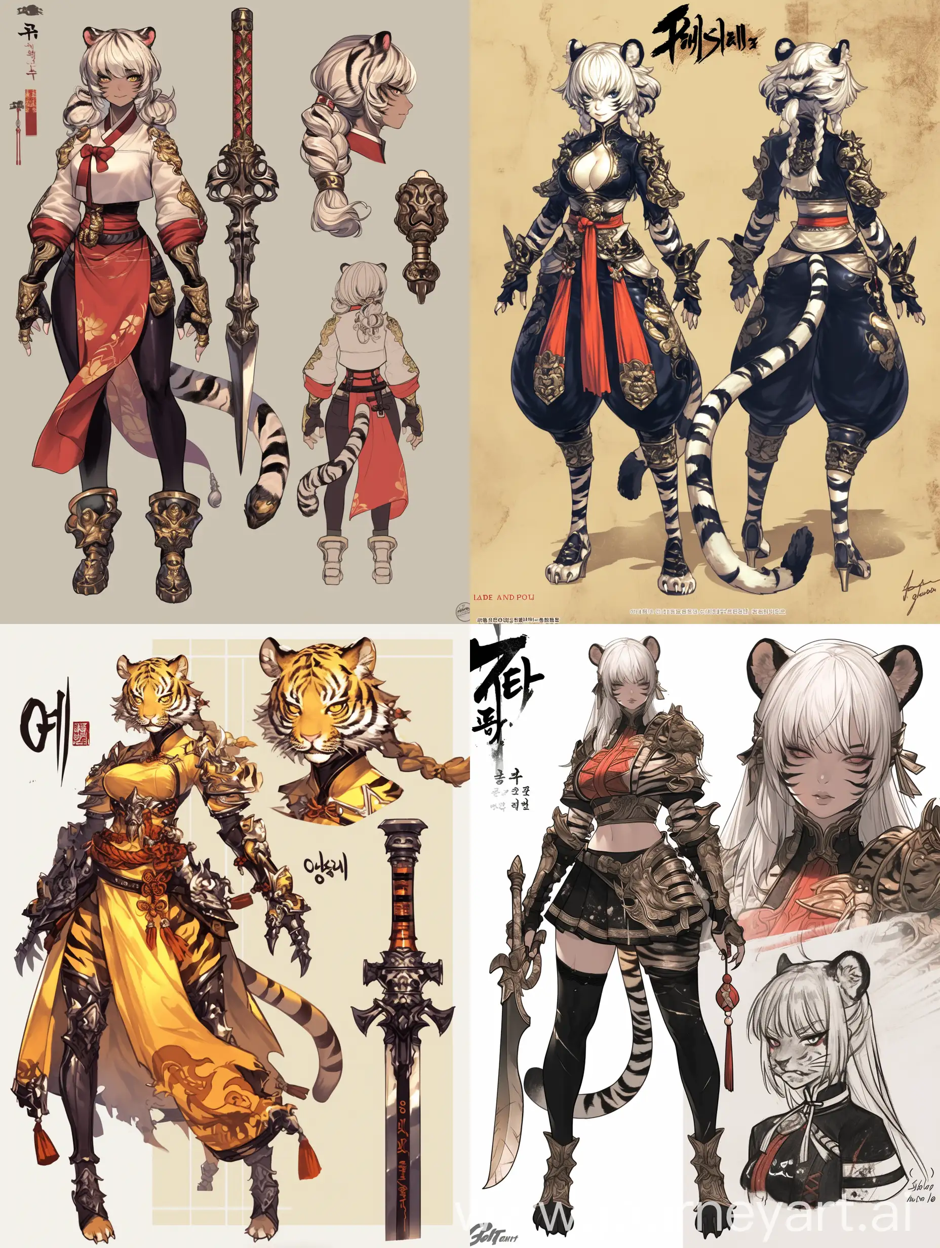 masterpiece, best quality, 1girl, anthropomorphic tiger, warrior, in the style of blade and soul, korean mmorpg, character concept art, character sheet --niji 6
