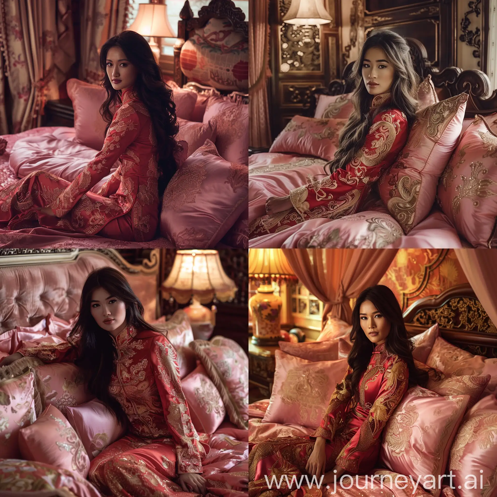 A beautiful woman in a cheongsam, sitting on a luxurious pink silk wedding bed, leaning against opulent silk pillows. She is wearing a stunning red cheongsam adorned with intricate gold patterns. The wedding bed is decorated with pink silk bedding and pillows, featuring ornate designs and textures. The woman has long, dark hair styled elegantly and she has a serene and graceful expression. The room has warm lighting and is richly decorated, emphasizing a traditional Chinese wedding setting with a modern twist.