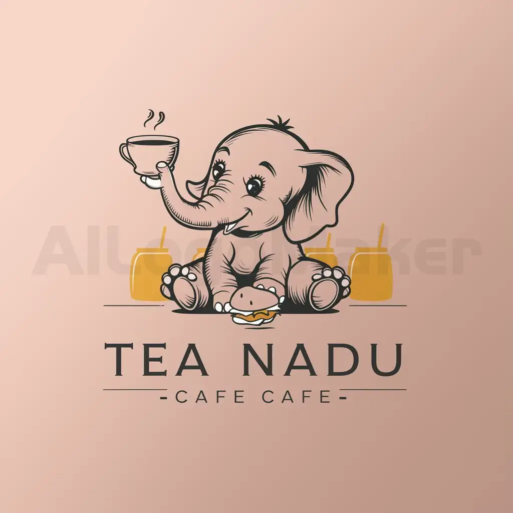 a logo design,with the text 'Tea Nadu', main symbol:A baby elephant holding a tea cup with its trunk with sandwiches, juice jars on side. ,Minimalistic,be used in Cafe industry,clear background