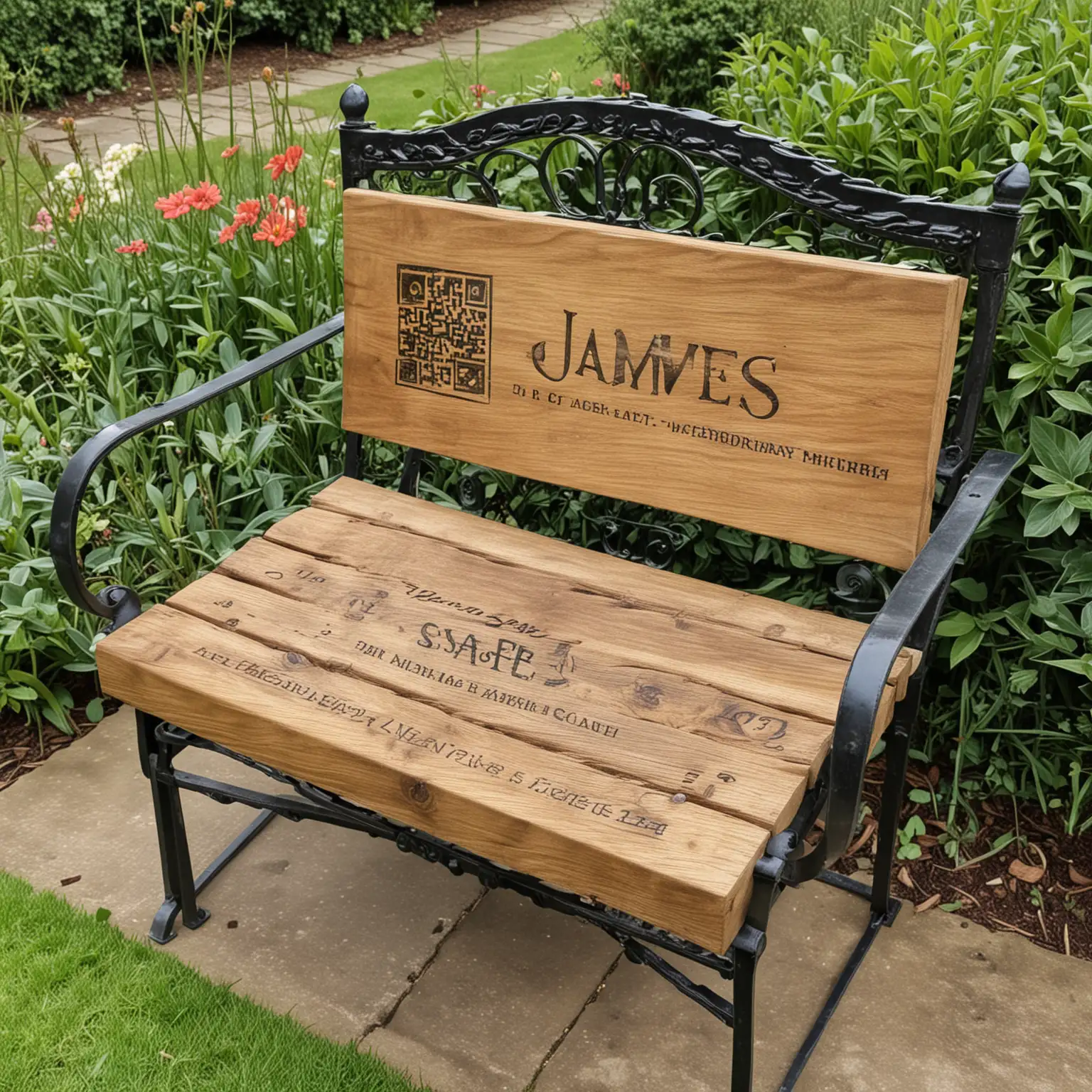 A wooden garden seat with wrought iron arms, in a lovely garden. On the back of the chair, is a rectangular metal plaque printed with the name - JAMES JOHNS - on it .  Next to the name on the back of the chair is a QR code.  Both the name and the QR code are side by side on the metal plaque, which is screwed into the back of the seat.
The seat of the chair, is just plain wood, 