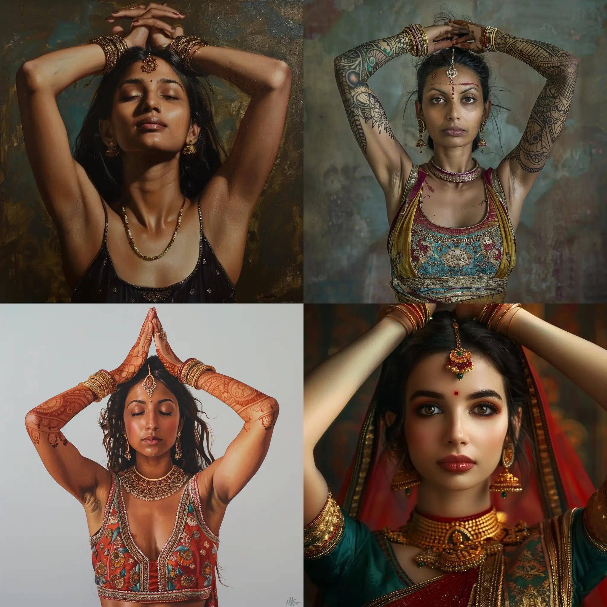 Beautiful-Indian-Woman-Posing-with-Hands-Raised-Sleeveless-Portrait