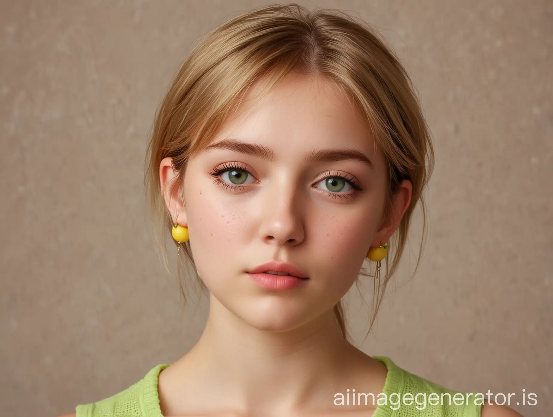 Serious-Young-Woman-in-Lime-Summer-Top-and-Denim-Skirt-with-Lemon-Accessories