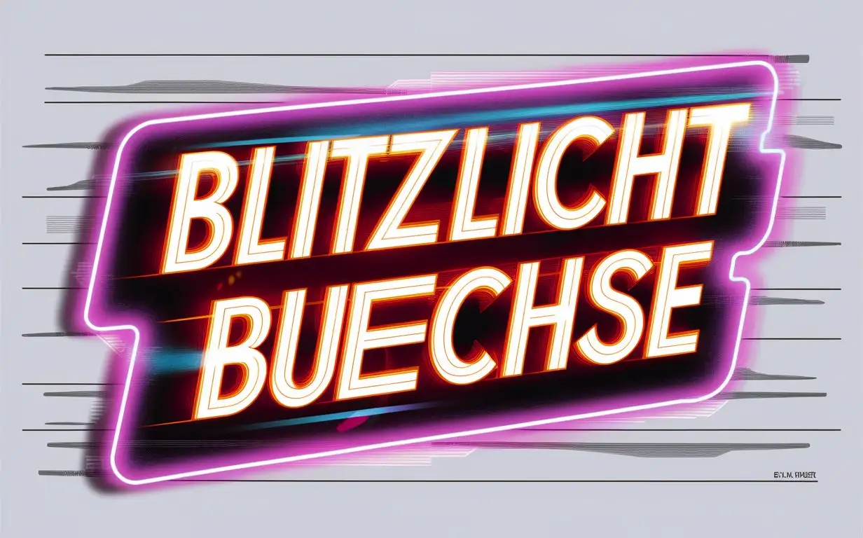 90s Action Film Style Neon Sign Glowing BLITZLICHTBUECHSE on White Background