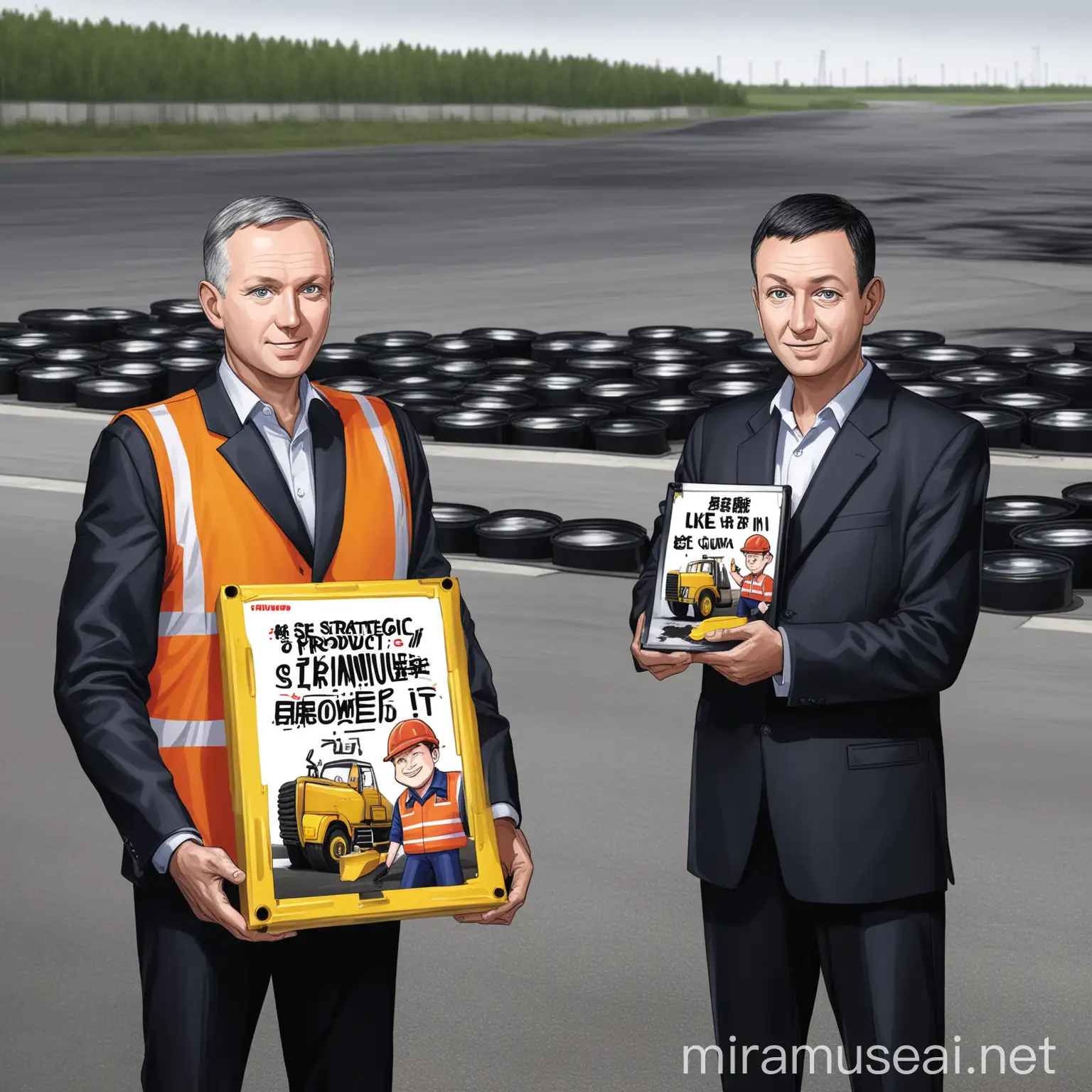 Two men with a very nice cartoon image are promoting a strategic product like bitumen to sell it to a third country.
