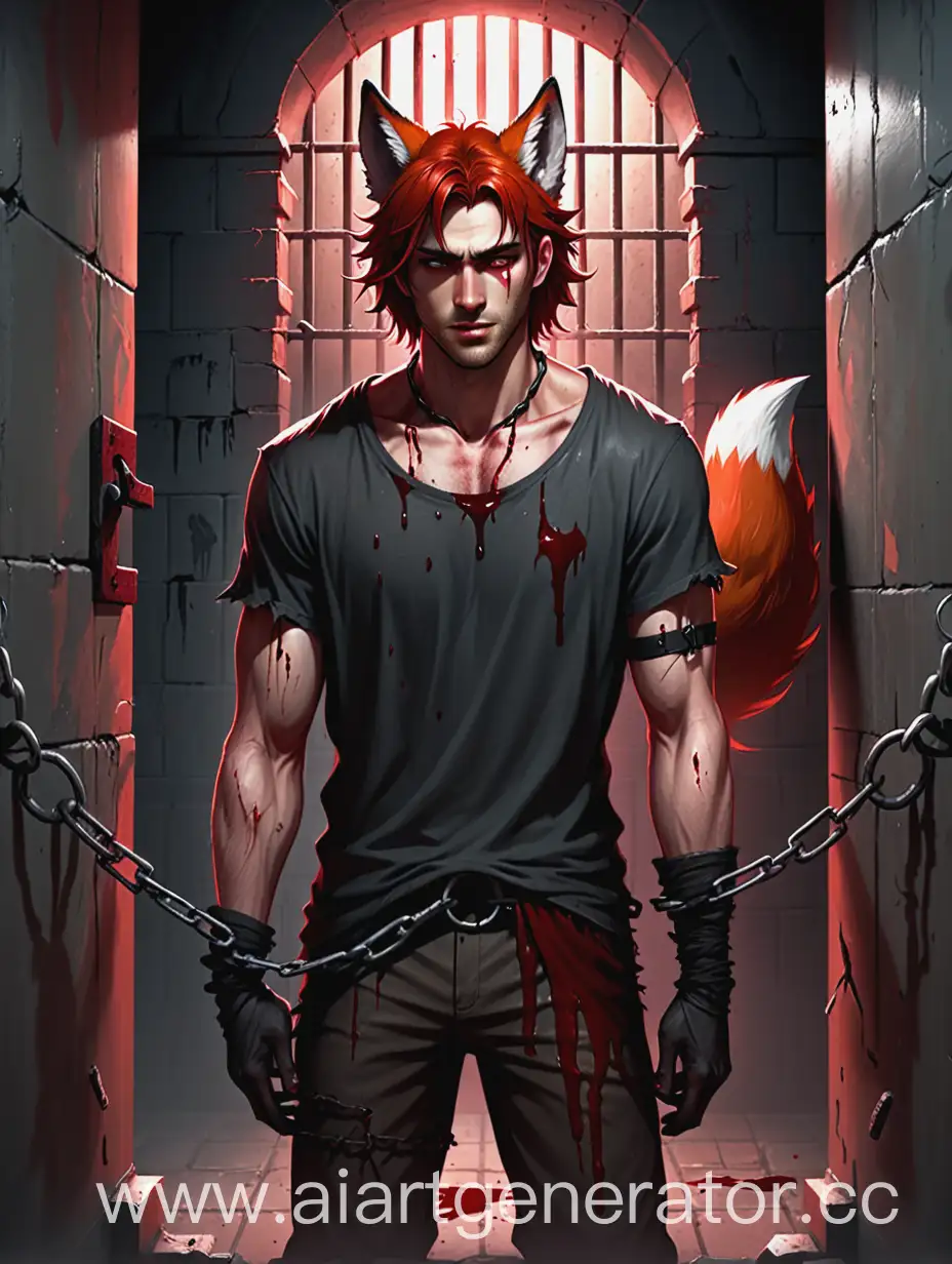 A hot guy with black wolf ears and a tail, standing in an ancient prison cell. He's wearing a torn T-shirt and shackles on his wrists. Blood is flowing from the wound from the shoulder. A red-haired girl with fox ears and a tail is clinging to him from behind