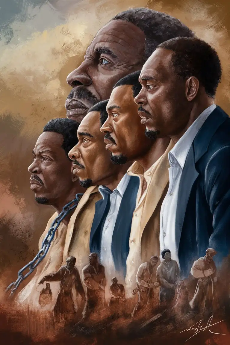 Create picture of five generations of black men in a profile face position oldest man is slave and each generations improve I upped mobility