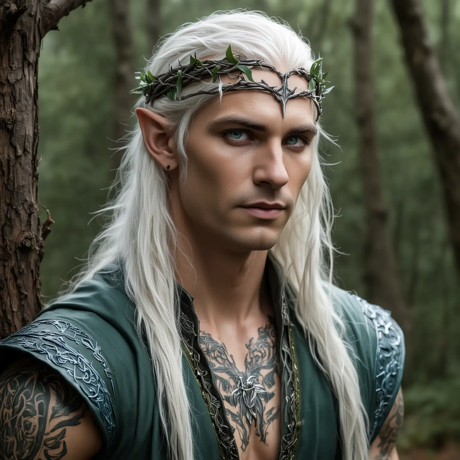 Handsome Male Elf Druid with Elven Tattoos in Woodland Setting