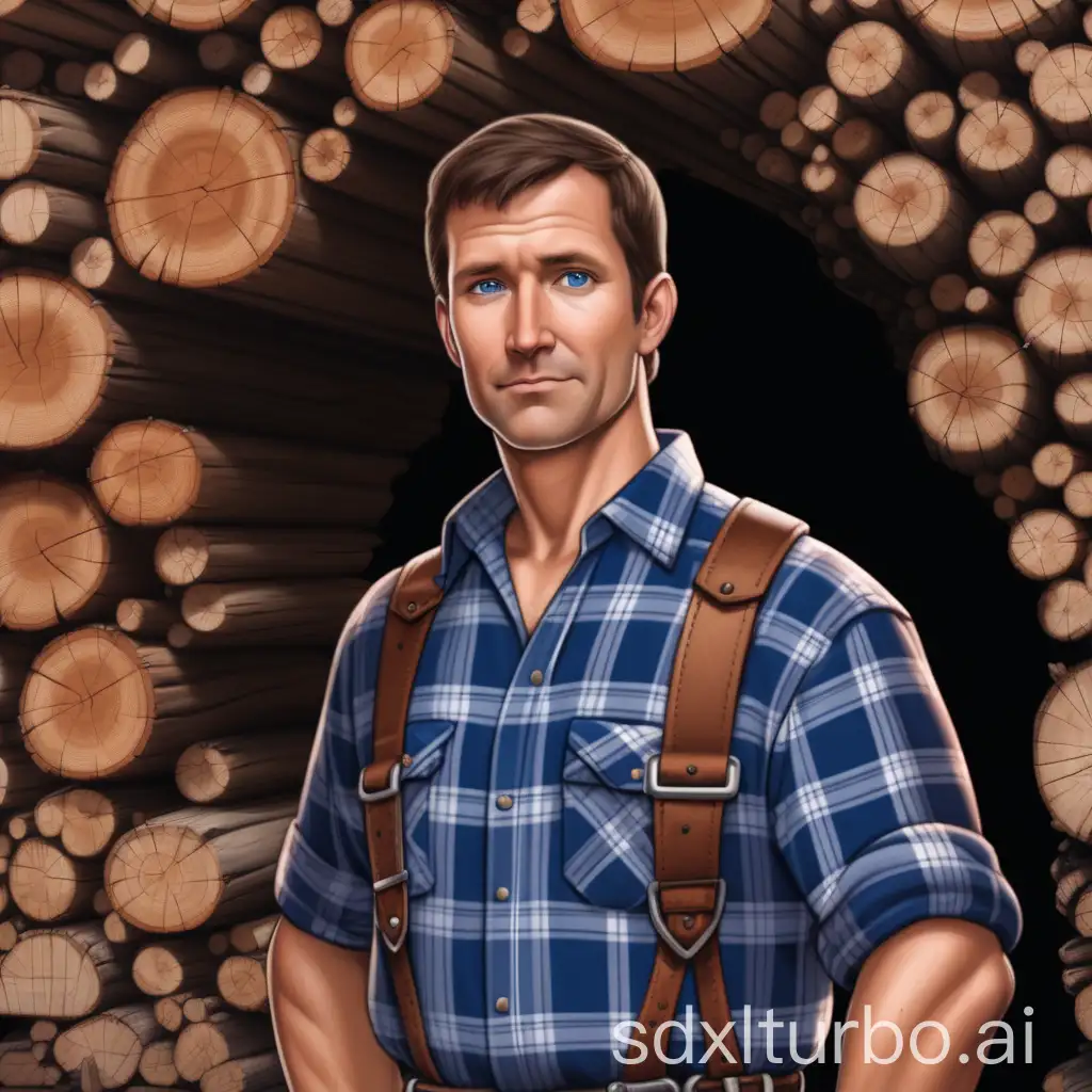 40 year old, Male lumberjack, short brown hair, blue eyes, human, for dnd. Checkered shirt, typical lumberjack look, standing in front of a wooden cavern