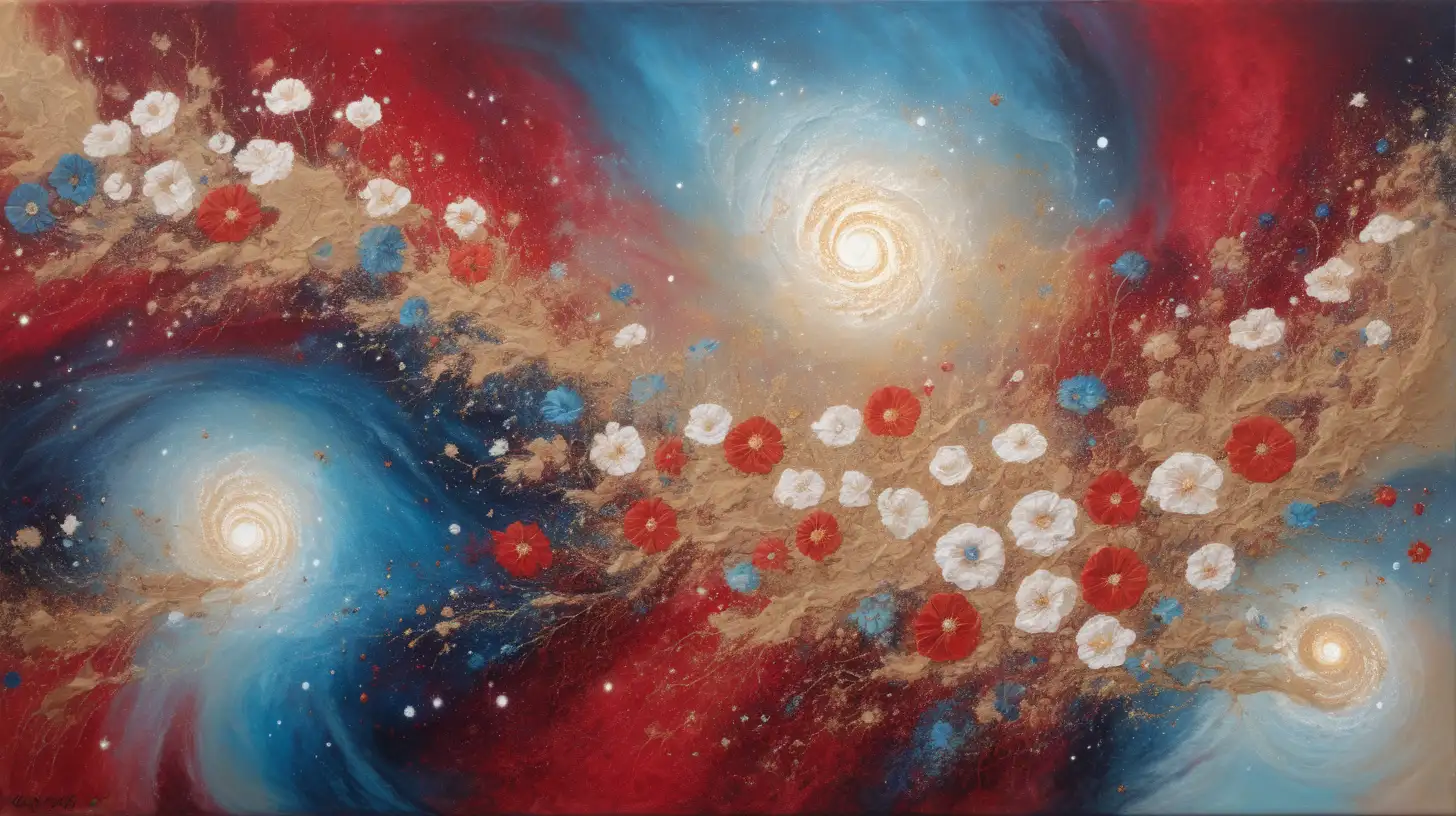 Abstract Oil Painting Luminescent Flowers and Galaxies in Florescent Reds Blues and Whites