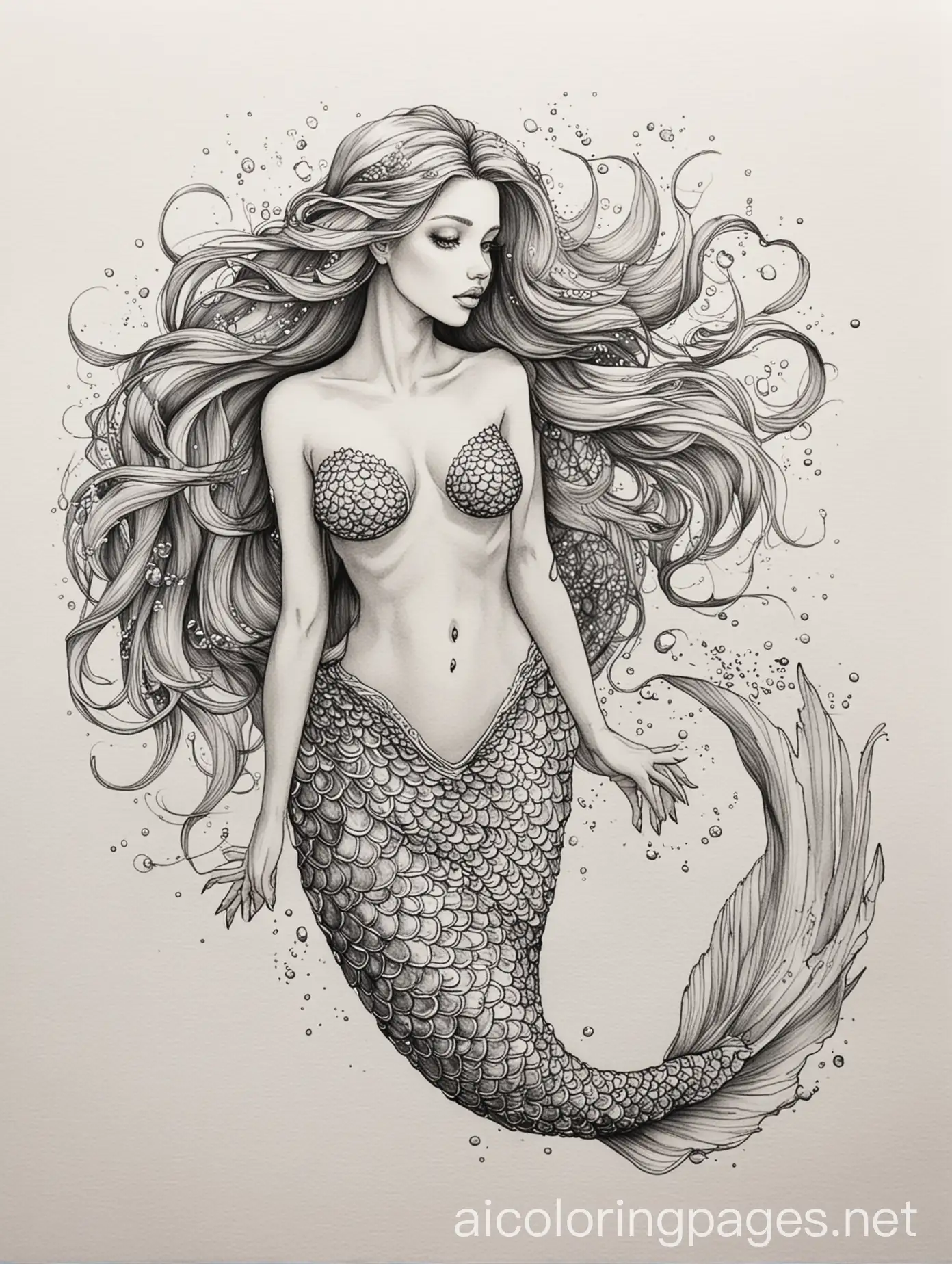 mermaid_pen_and_ink_and_watercolor_fine_art_masterpiece_g rated, Coloring Page, black and white, line art, white background, Simplicity, Ample White Space