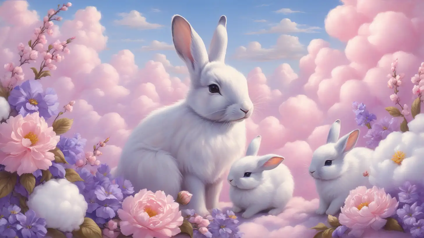 Whimsical Oil Painting Mother Rabbit and Baby Bunny with Floral Cupcake and Cotton Candy Flowers