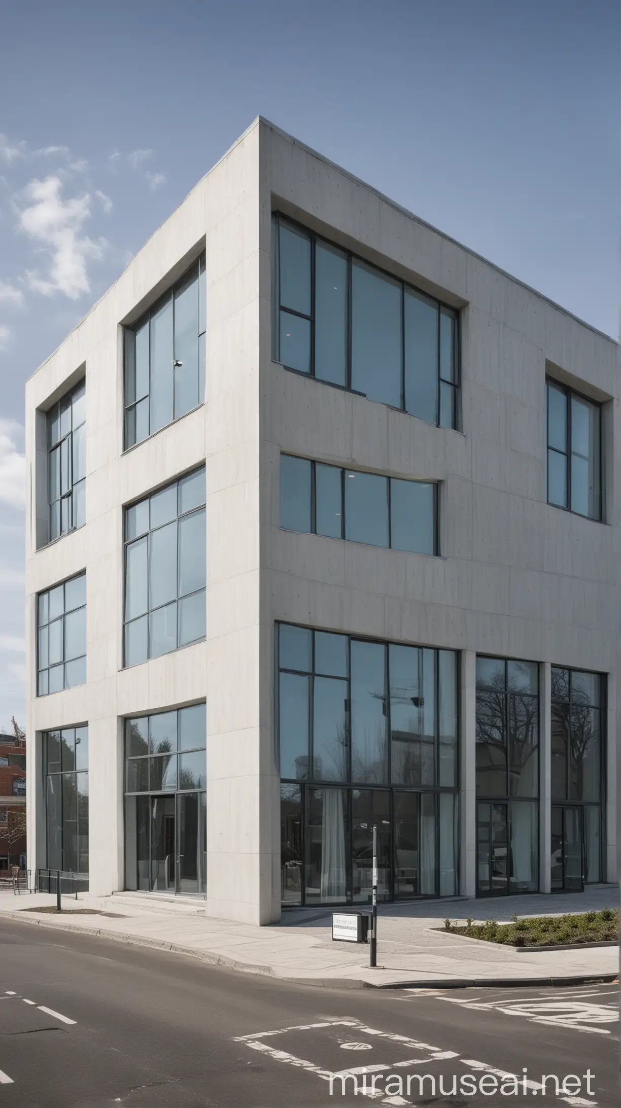 The building is a sleek and modern structure featuring a blend of light grey and white exterior walls. Large bluish glass windows dominate the façade, reflecting the sky and adding a sophisticated touch to the design. The clean lines and contemporary aesthetic give the building a professional appearance. Prominently displayed on the building is the company name, "Campus," in bold, stylish lettering, further enhancing the building's corporate image. The overall look is minimalistic yet elegant, embodying a modern and innovative business environment.