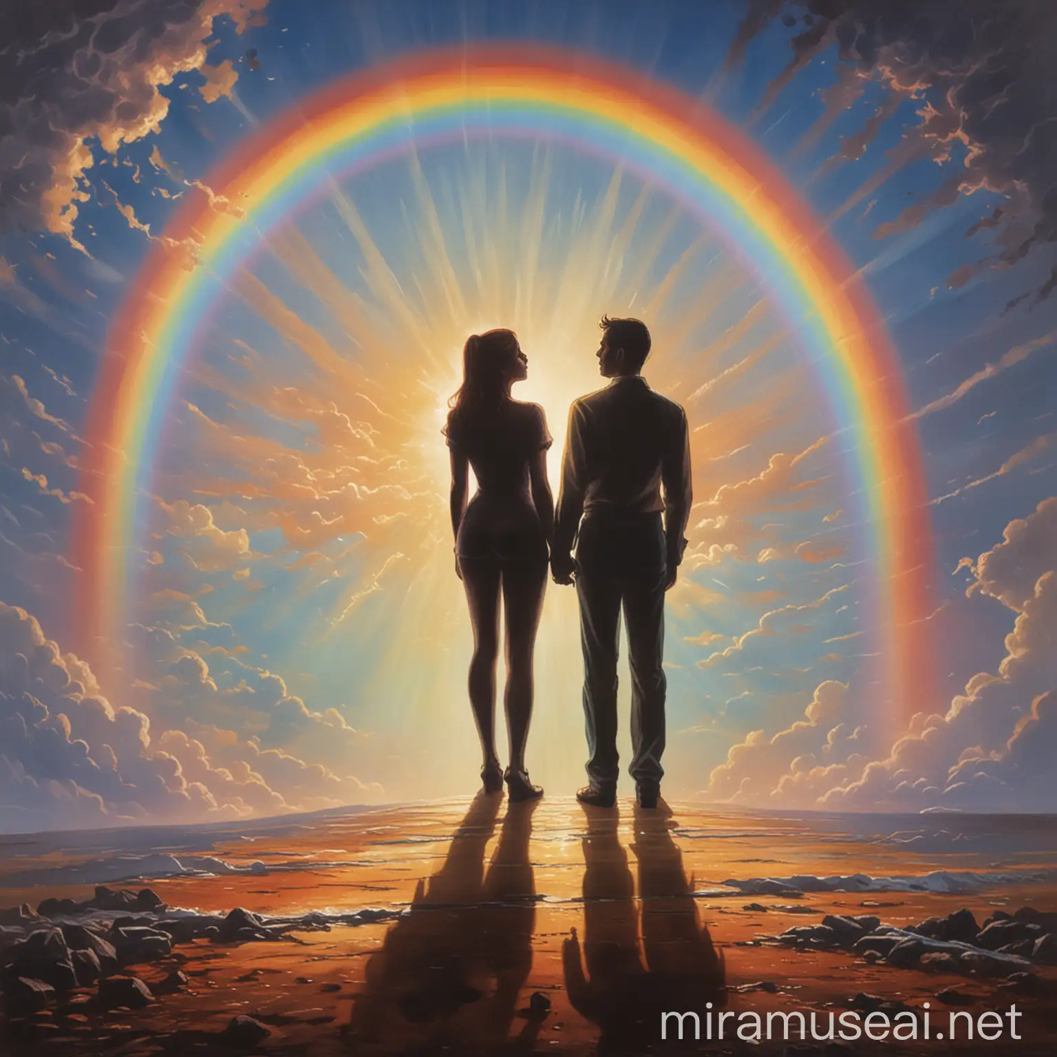 Painting of a silhouette of man and a woman who stand on a separate sides of the rainbow and looking up
