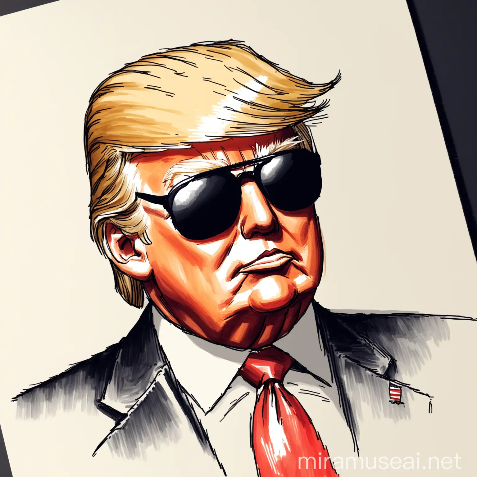  hand-drawn illustration of Donald Trump wears sunglasses 
