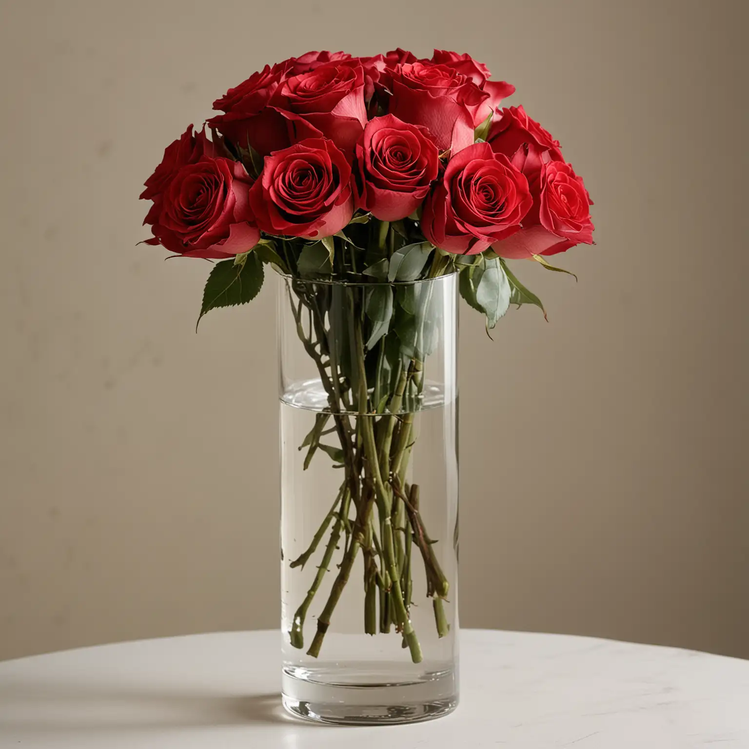 Vase Description:
Please design a short cylinder glass vase filled with red roses for an elegant and simple wedding centerpiece.
The base of the vase should have a stable, flat surface.
Rose Arrangement:
Fill the vase with fully bloomed red roses for an elegant look. do not add any other colors or flowers.
Arrange the red roses in a tight cluster within the vase.
Aim for a balanced arrangement with the roses evenly spaced and facing upward.
The roses should appear fresh and realistic, with natural-looking petals and vibrant color.
Place the centerpiece on a clean, neutral background to highlight its beauty.
Opt for soft, natural lighting to enhance the realism of the image.
Avoid harsh shadows or overly bright lighting that may detract from the centerpiece.
Additional Details:
Pay attention to small details, such as the stems of the roses and any water or filler in the vase.
Ensure that the proportions of the vase and roses are visually pleasing and realistic.
Consider adding subtle reflections or refractions to mimic the effects of light passing through the glass.