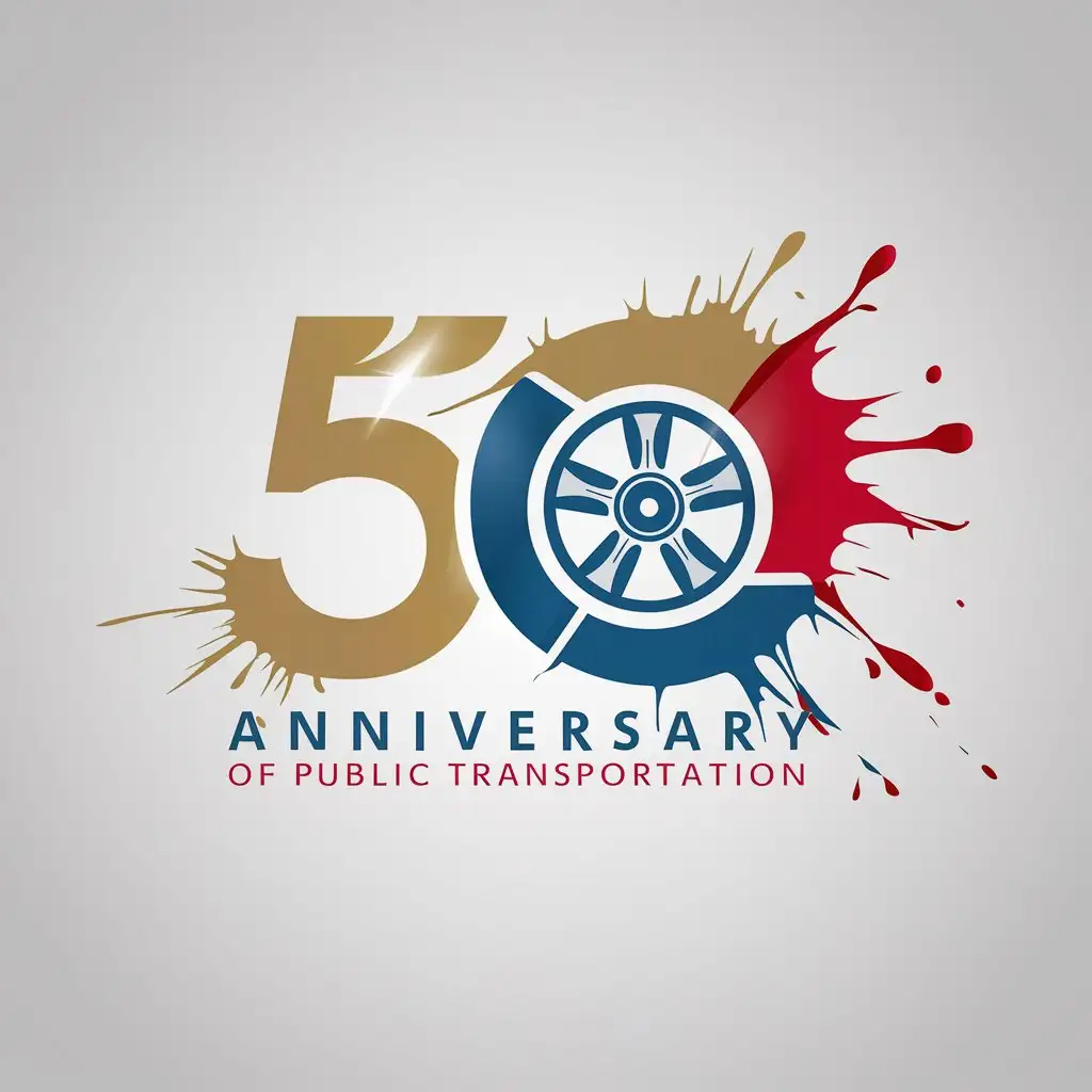 a logo design,with the text "public transportation 50th anniversary", main symbol:number50, carwheel, goldcolor, blucolor, redcolor, splashstyle,Minimalistic,be used in Automotive industry,clear background