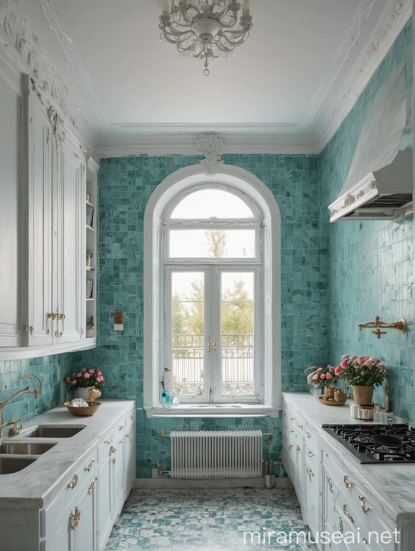 Kitchen, neoclassical style, with turquoise tiles, white and turquoise kitchen. The wall is made of gray decorative plaster. And with roses, around the office, at the top of the ceiling