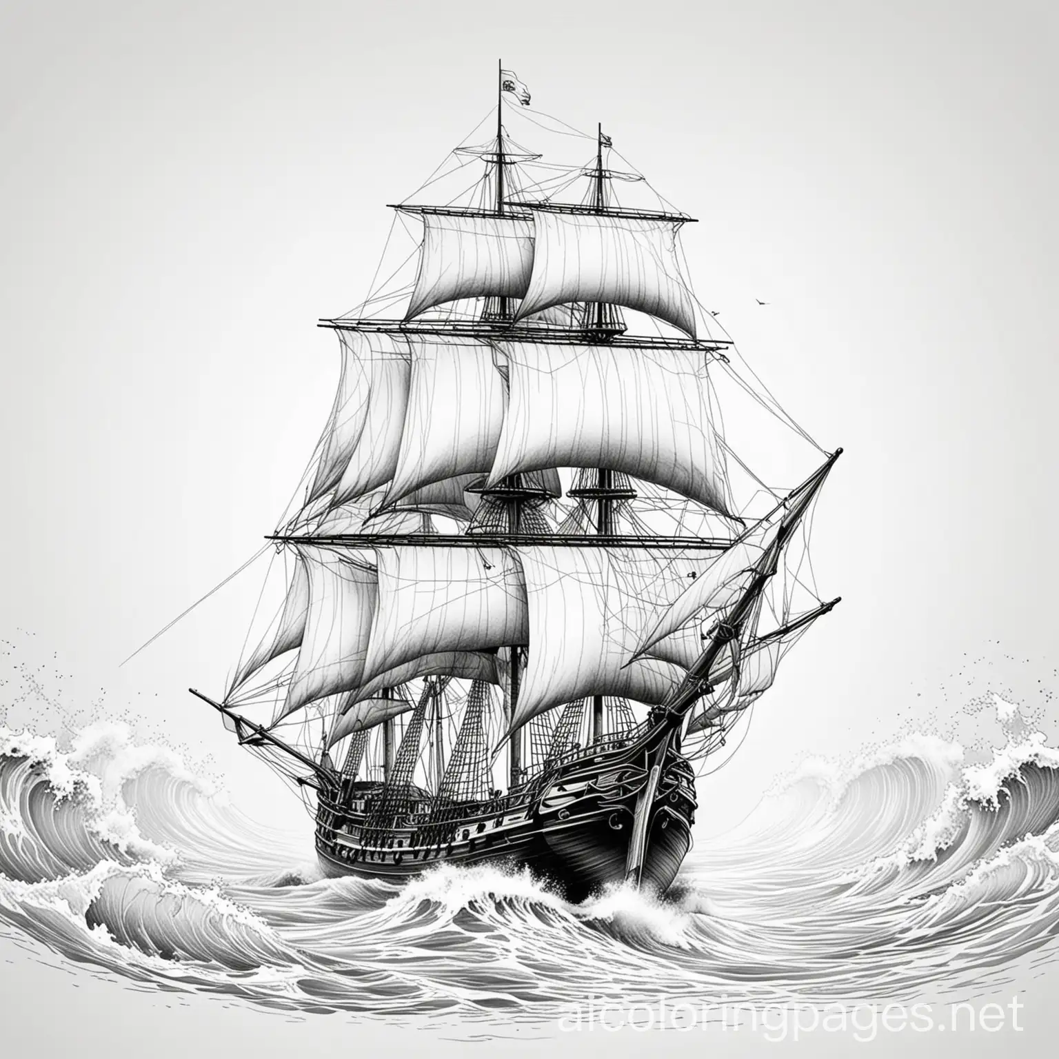 Sailing ship surfing the seas, Coloring Page, black and white, line art, white background, Simplicity, Ample White Space