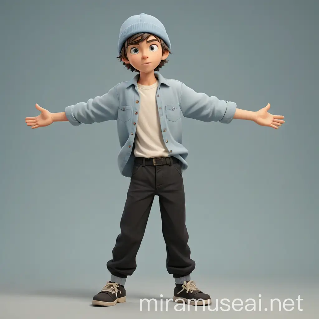 standing with arms outstretched in a T-pose, teenage boy, wearing a light blue button-up shirt and black baggy pants. he has a beanie an ivory color. Full body 3D clay character, no background, facing forward.