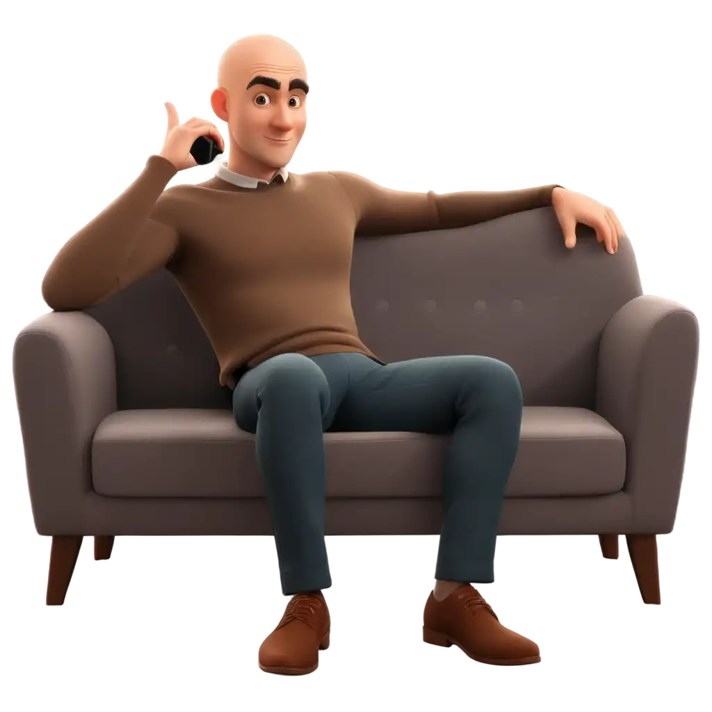 a bald man cartoon character sitting a sofa and THINKING