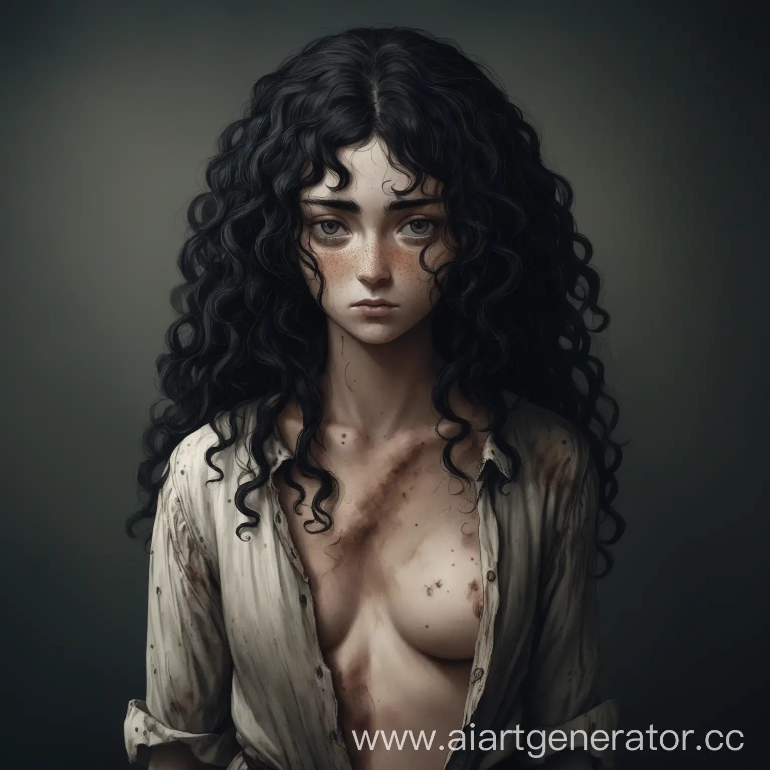 Medieval-Girl-with-Curly-Black-Hair-and-Freckles-in-Tattered-Shirt