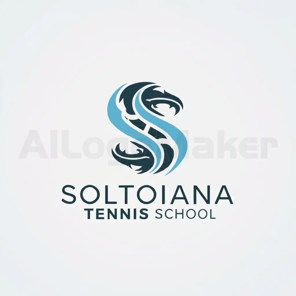 a logo design,with the text "Soltoianu Tennis School", main symbol:The letters STS are like a winding dragon in sky-blue and white.,complex,be used in Sports Fitness industry,clear background