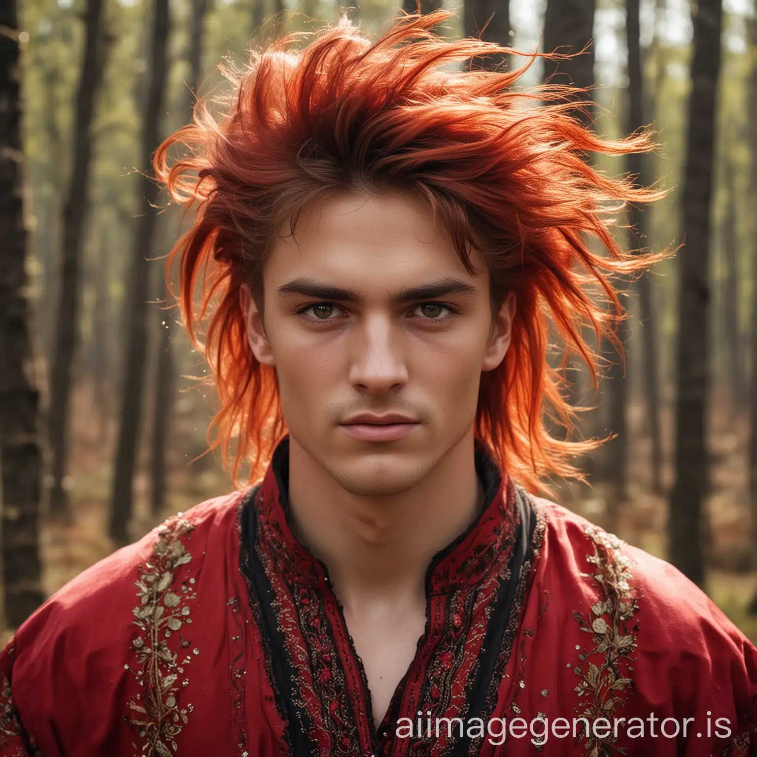 a handsome young man in red clothes, with reddish, wind-blown hair, with black eyebrows, with sparkling eyes. This is an extremely energetic, lively, cheerful forest boy. He is around 25 Years old. He is a mythical creature. Wears traditional Ukrainian clothes. Lives in a forest