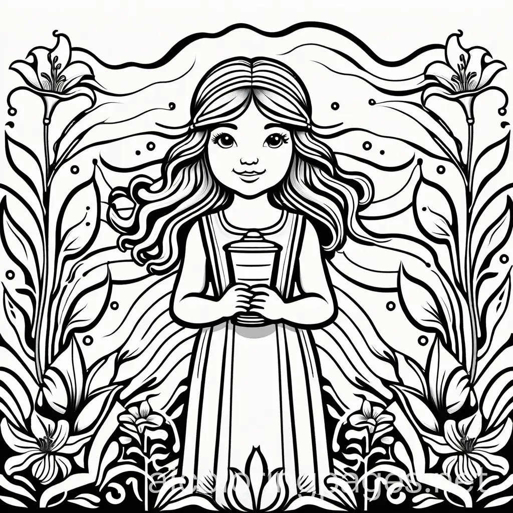 Art Nouveau style image of a little girl with long wavy hair and wearing a sleeveless dress, watering tall tiger lilies., Coloring Page, black and white, line art, white background, Simplicity, Ample White Space. The background of the coloring page is plain white to make it easy for young children to color within the lines. The outlines of all the subjects are easy to distinguish, making it simple for kids to color without too much difficulty