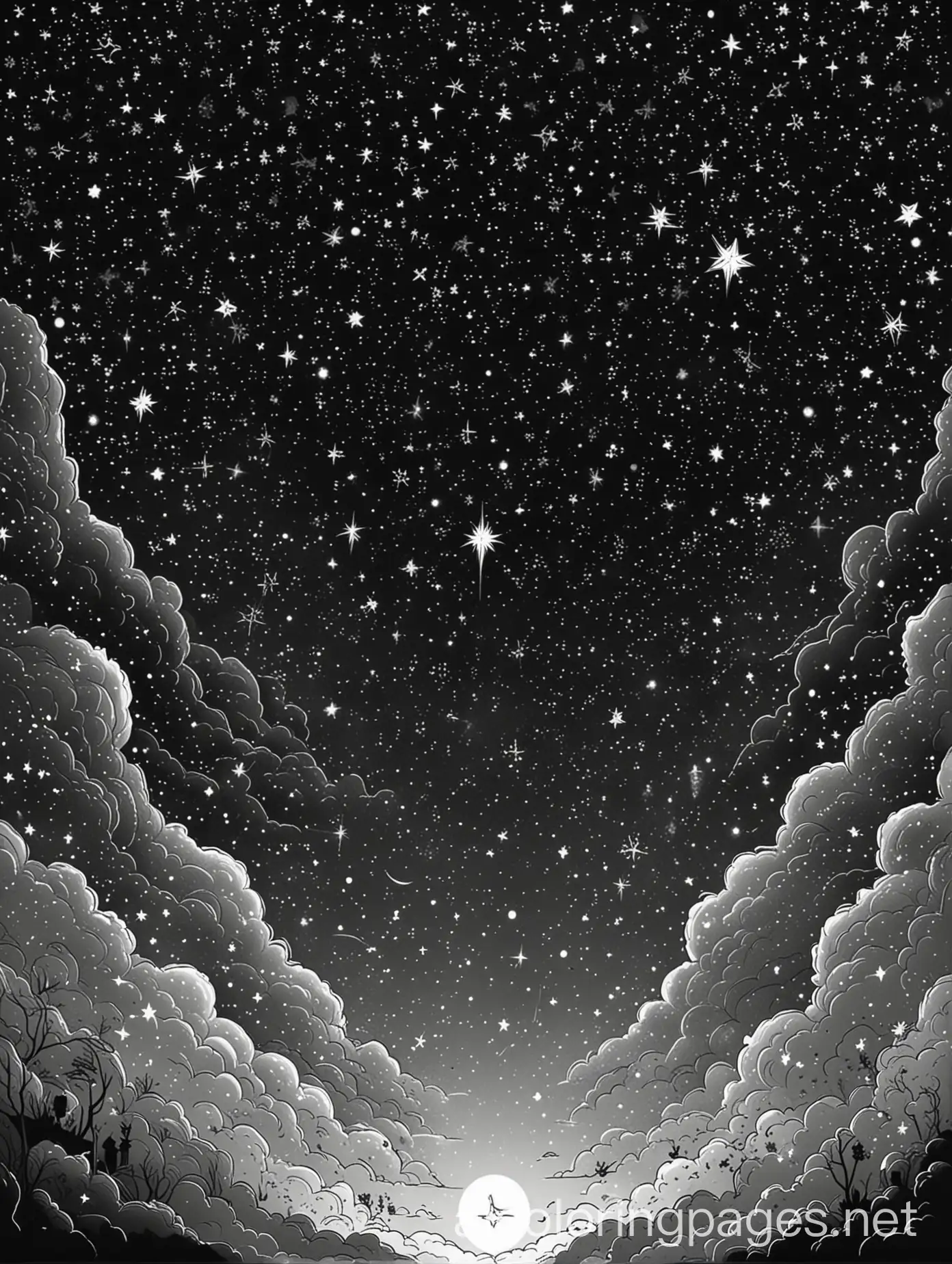 stars in the dark night sky, Coloring Page, black and white, line art, white background, Simplicity, Ample White Space